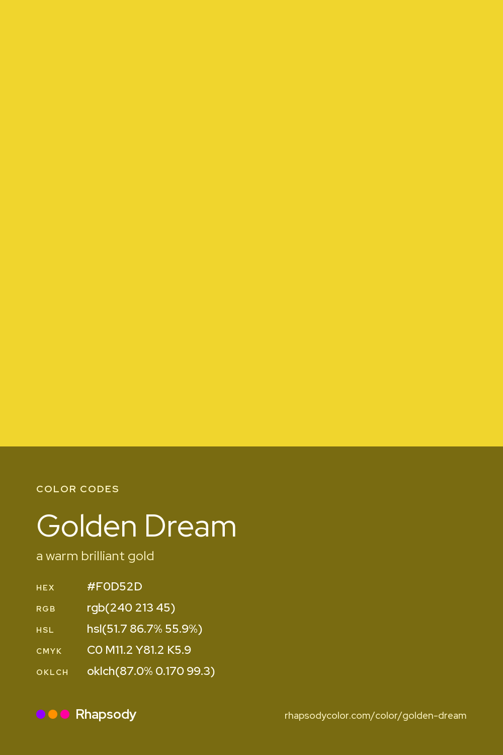 Golden Dream color codes: hex #F0D52D, RGB, HSL, CMYK, and OKLCH, from Rhapsody