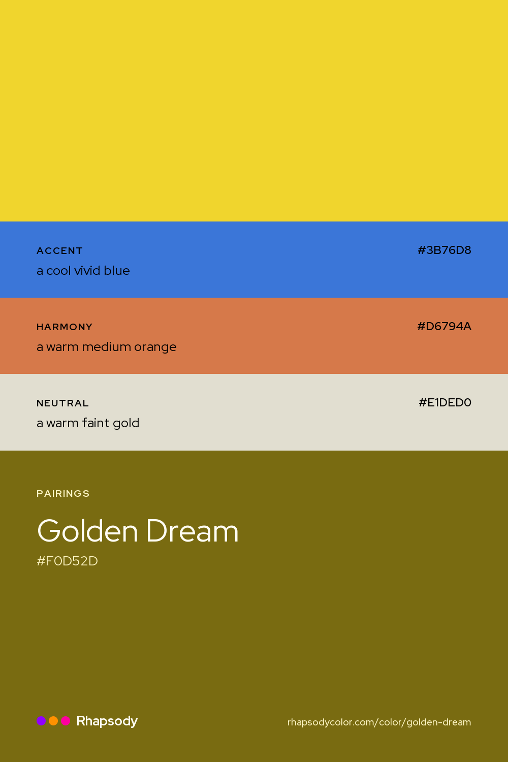 Golden Dream paired with a cool vivid blue #3B76D8, a warm medium orange #D6794A, a warm faint gold #E1DED0: hex values and roles, from Rhapsody