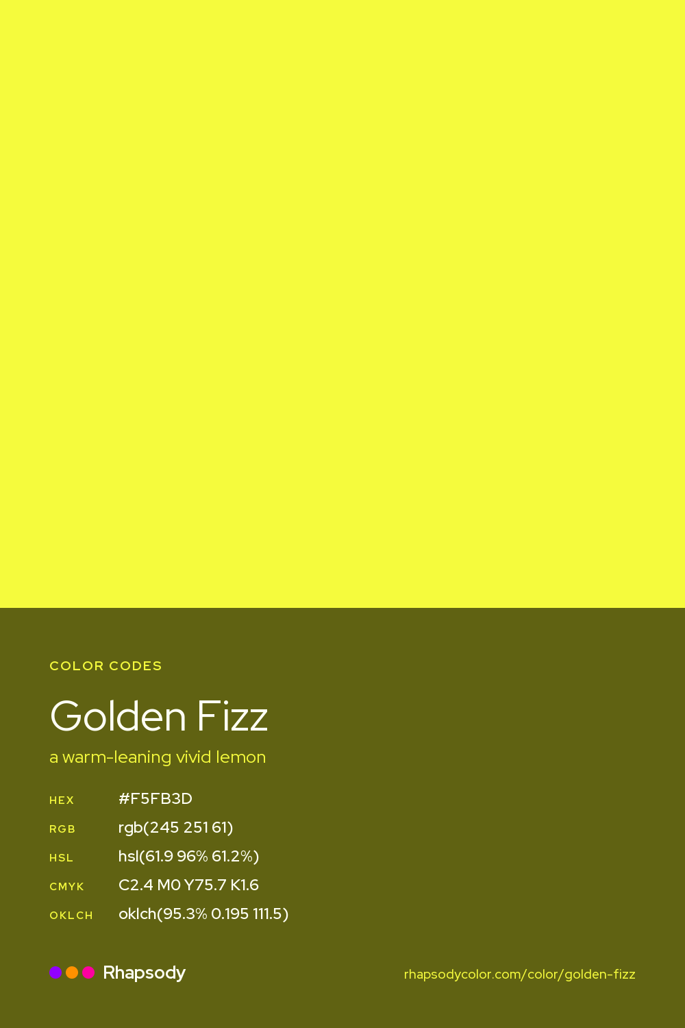 Golden Fizz color codes: hex #F5FB3D, RGB, HSL, CMYK, and OKLCH, from Rhapsody