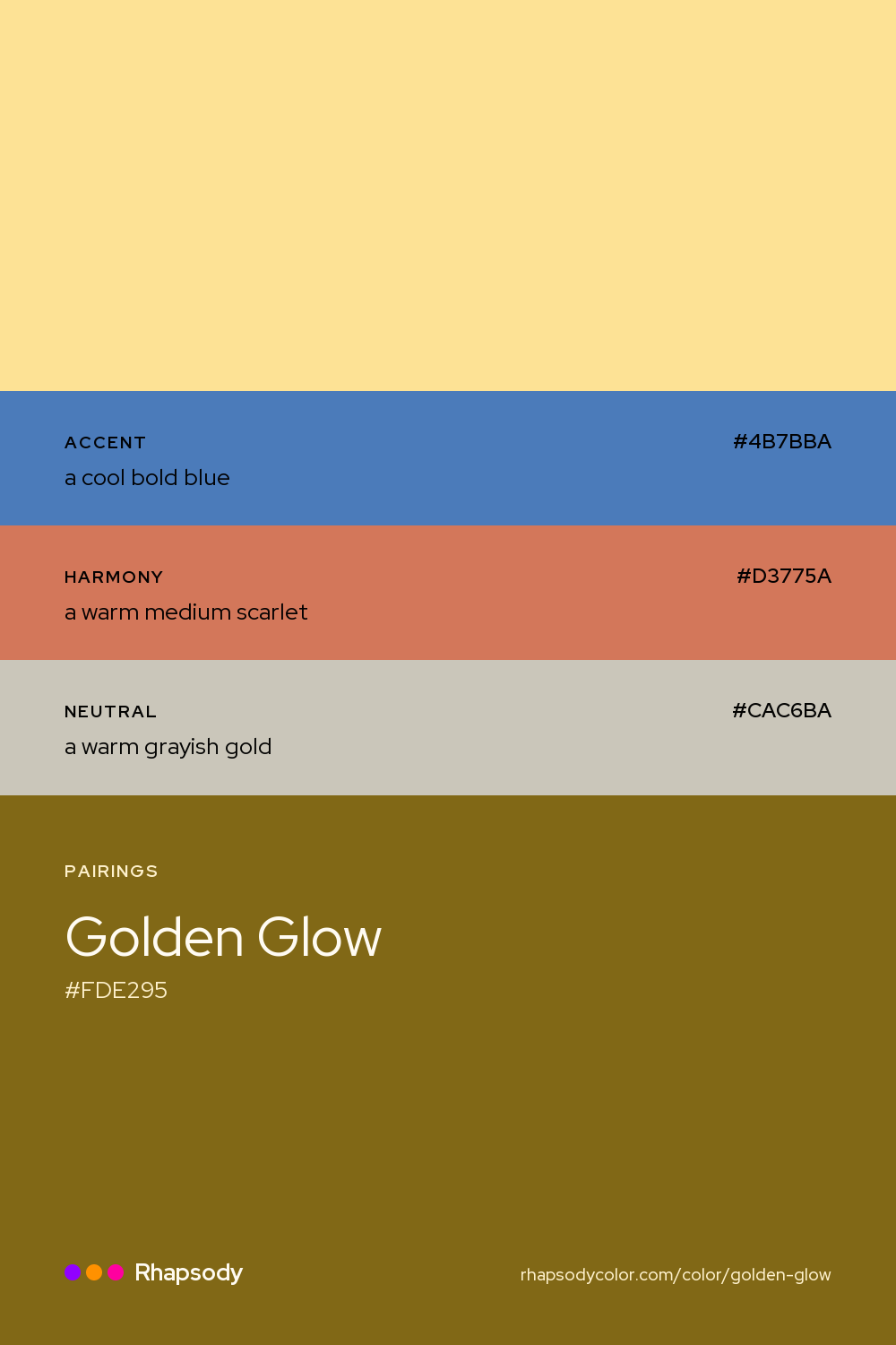 Golden Glow paired with a cool bold blue #4B7BBA, a warm medium scarlet #D3775A, a warm grayish gold #CAC6BA: hex values and roles, from Rhapsody
