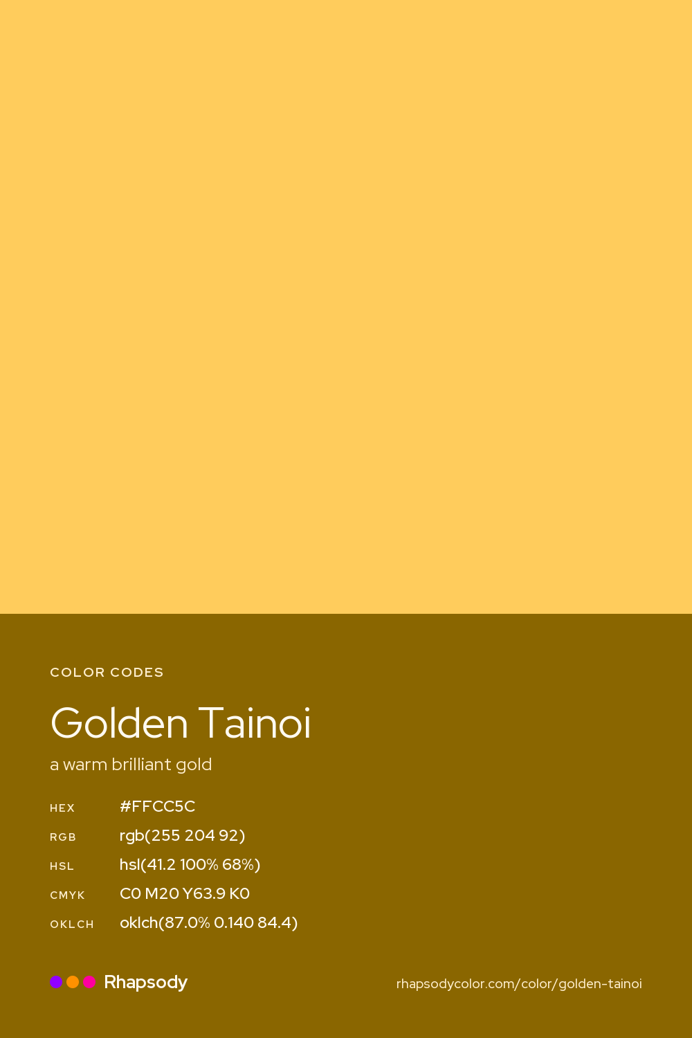 Golden Tainoi color codes: hex #FFCC5C, RGB, HSL, CMYK, and OKLCH, from Rhapsody