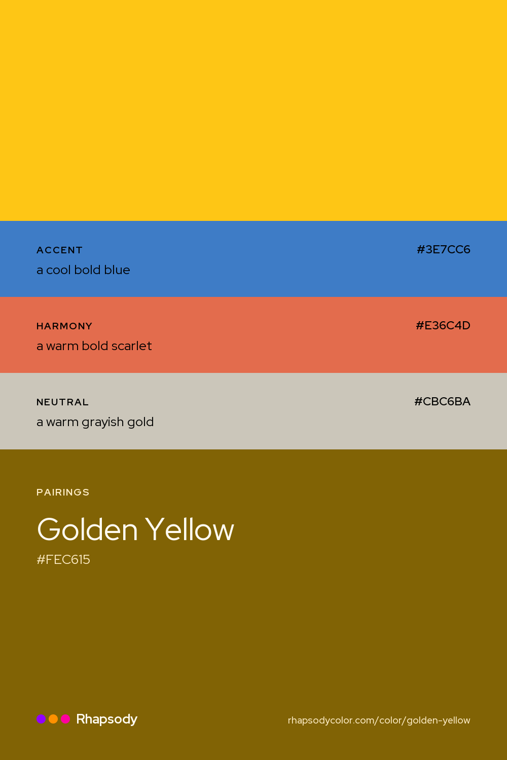 Golden Yellow paired with a cool bold blue #3E7CC6, a warm bold scarlet #E36C4D, a warm grayish gold #CBC6BA: hex values and roles, from Rhapsody