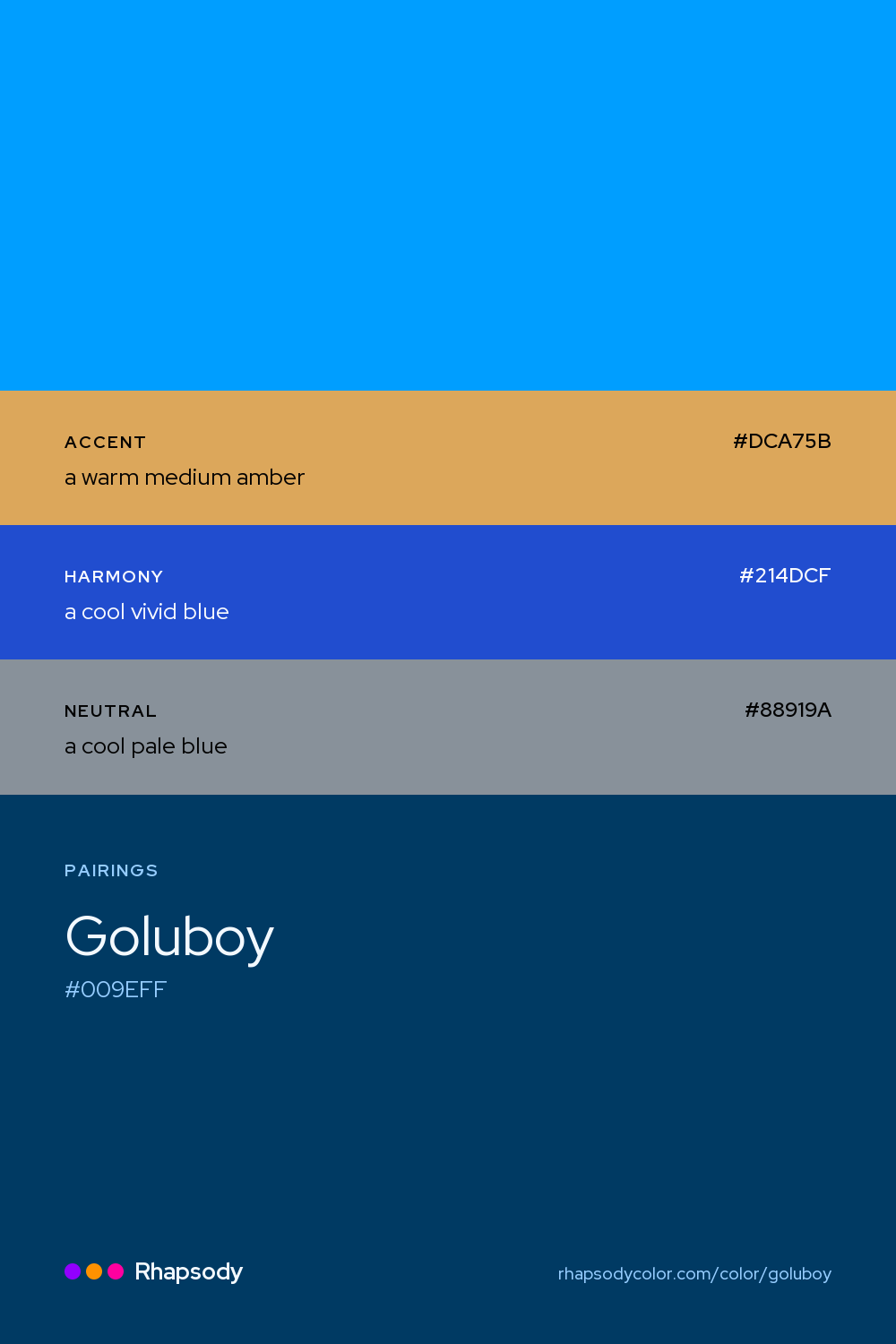 Goluboy paired with a warm medium amber #DCA75B, a cool vivid blue #214DCF, a cool pale blue #88919A: hex values and roles, from Rhapsody