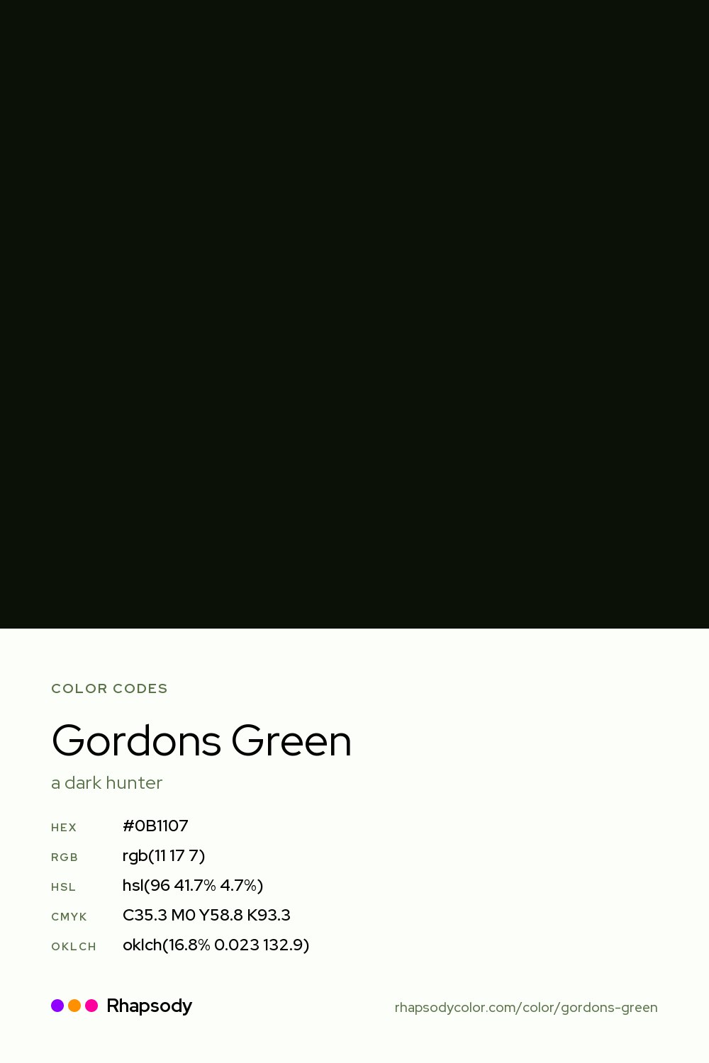 Gordons Green color codes: hex #0B1107, RGB, HSL, CMYK, and OKLCH, from Rhapsody