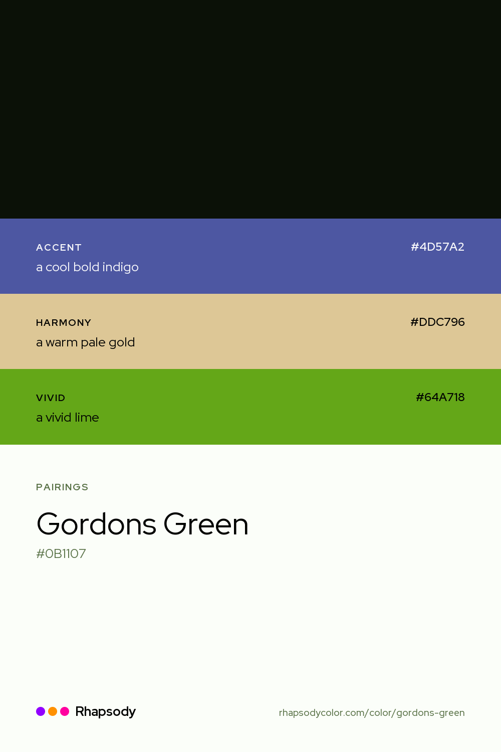 Gordons Green paired with a cool bold indigo #4D57A2, a warm pale gold #DDC796, a vivid lime #64A718: hex values and roles, from Rhapsody