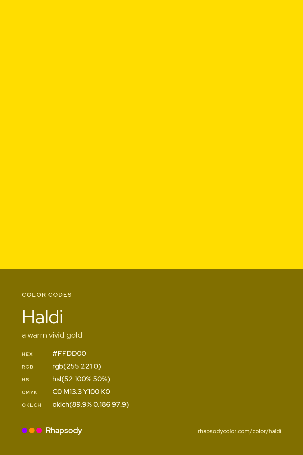 Haldi color codes: hex #FFDD00, RGB, HSL, CMYK, and OKLCH, from Rhapsody