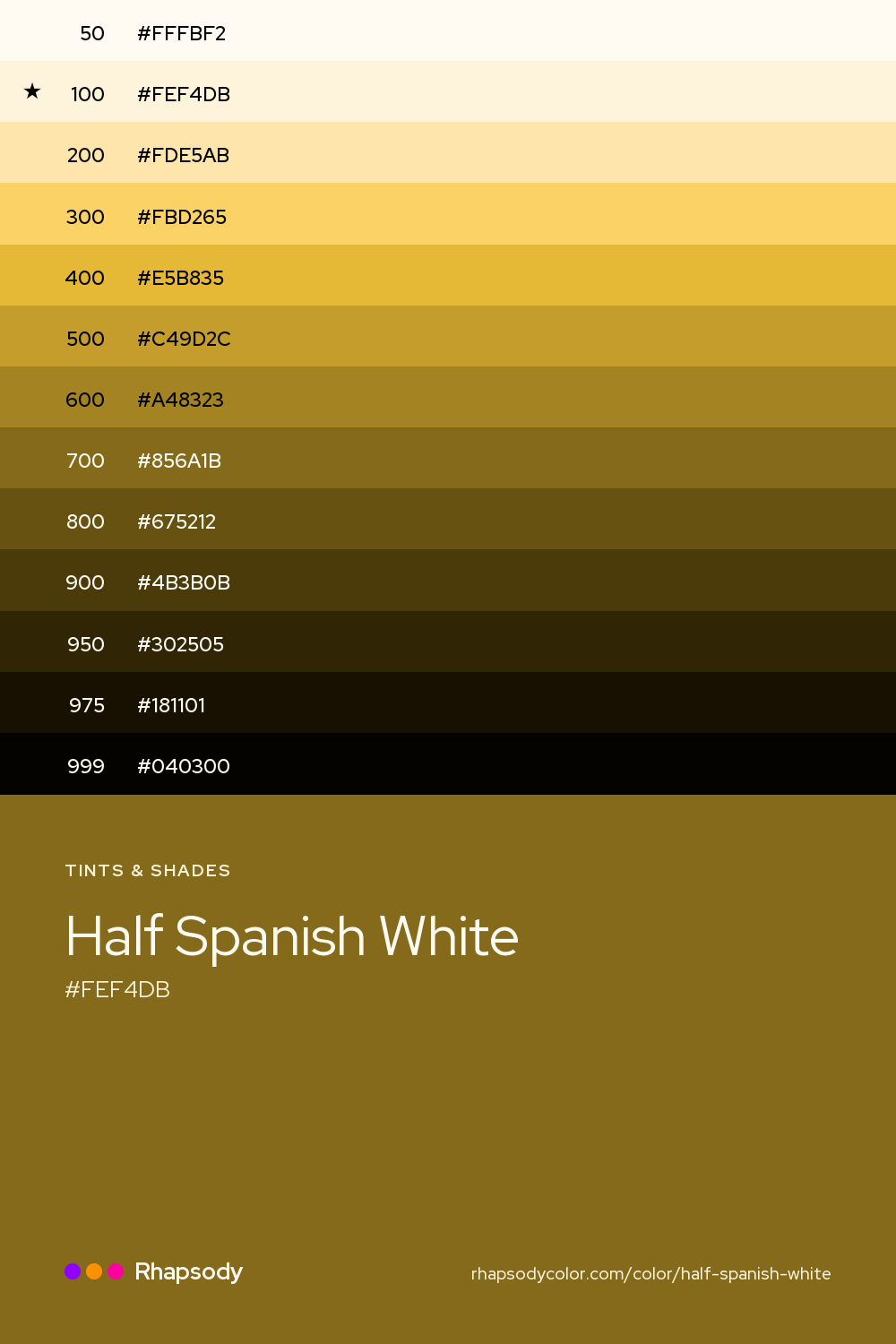 The full tonal scale of Half Spanish White, 13 steps from light to dark with every hex, from Rhapsody