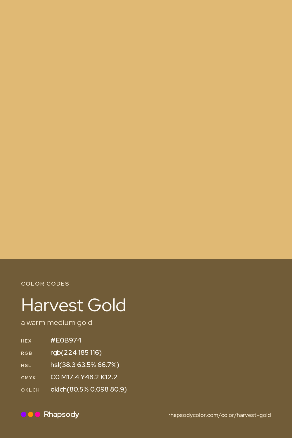 Harvest Gold color codes: hex #E0B974, RGB, HSL, CMYK, and OKLCH, from Rhapsody