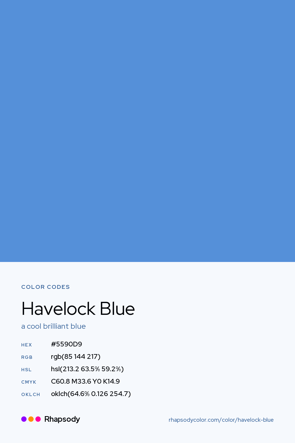 Havelock Blue color codes: hex #5590D9, RGB, HSL, CMYK, and OKLCH, from Rhapsody