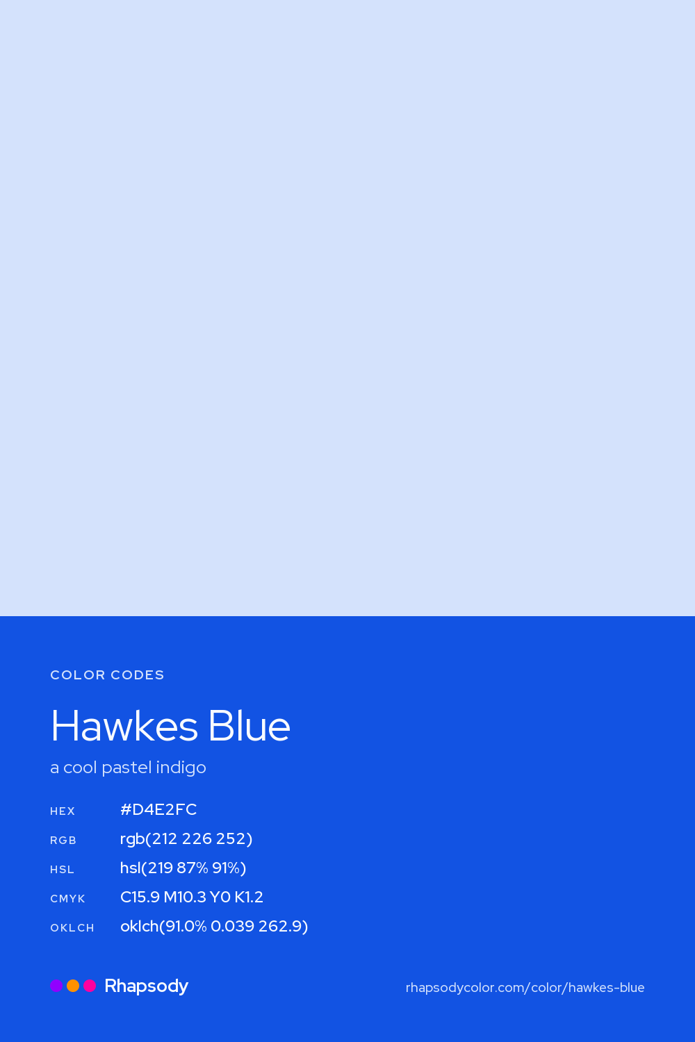 Hawkes Blue color codes: hex #D4E2FC, RGB, HSL, CMYK, and OKLCH, from Rhapsody