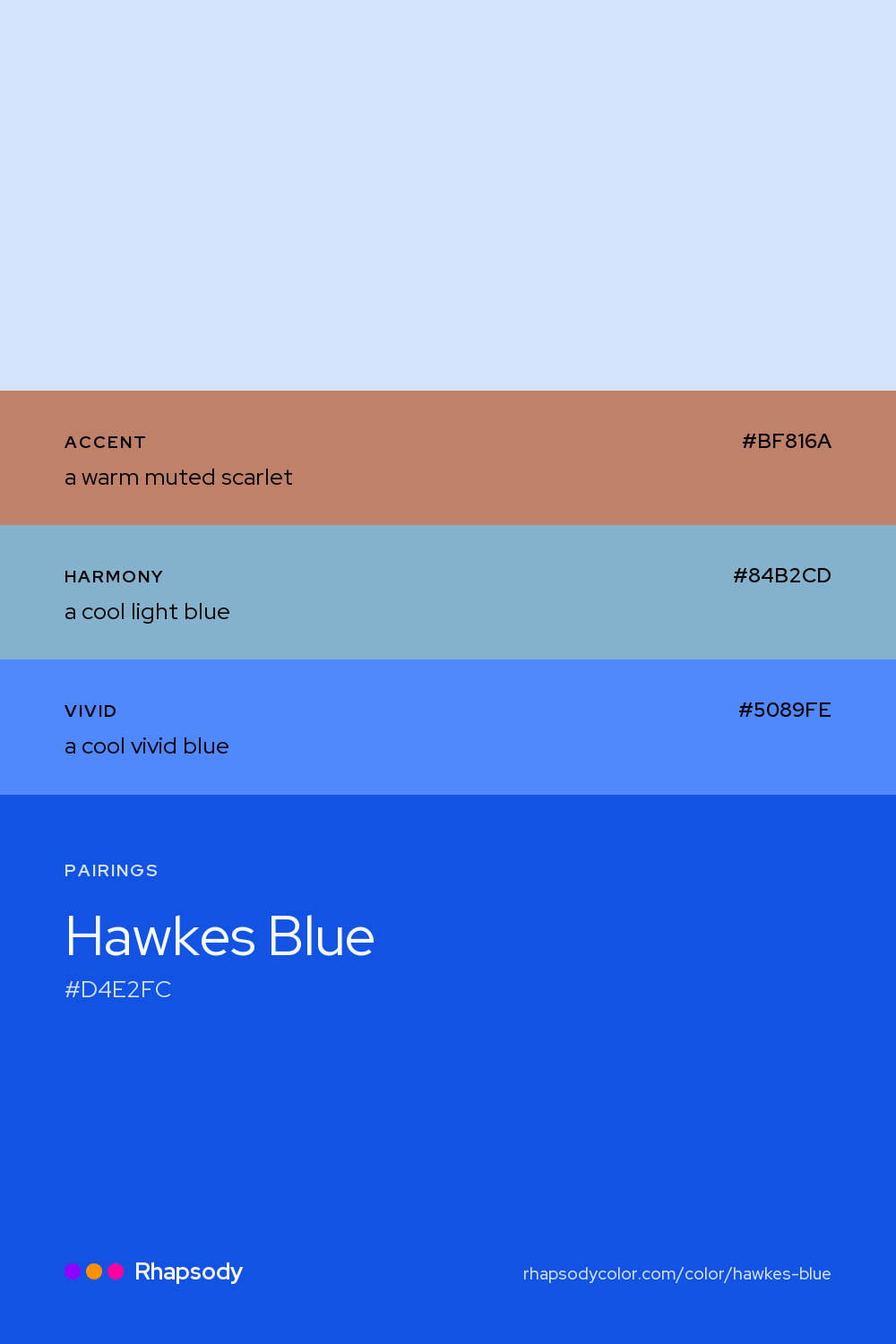 Hawkes Blue paired with a warm muted scarlet #BF816A, a cool light blue #84B2CD, a cool vivid blue #5089FE: hex values and roles, from Rhapsody