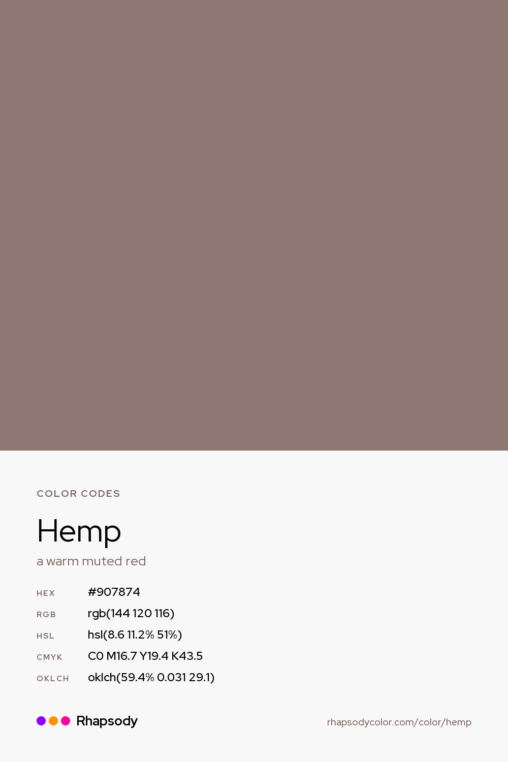 Hemp color codes: hex #907874, RGB, HSL, CMYK, and OKLCH, from Rhapsody