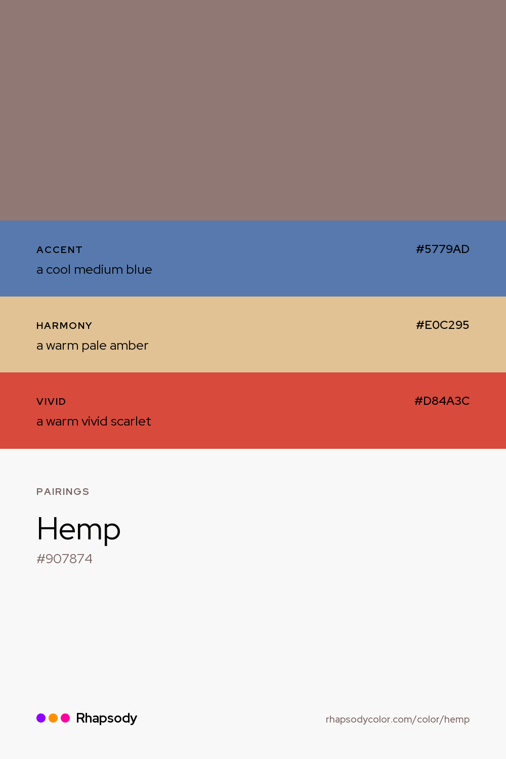 Hemp paired with a cool medium blue #5779AD, a warm pale amber #E0C295, a warm vivid scarlet #D84A3C: hex values and roles, from Rhapsody