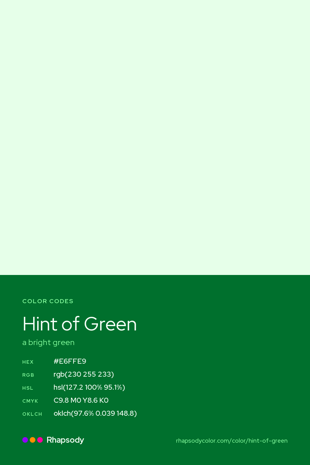 Hint Of Green color codes: hex #E6FFE9, RGB, HSL, CMYK, and OKLCH, from Rhapsody