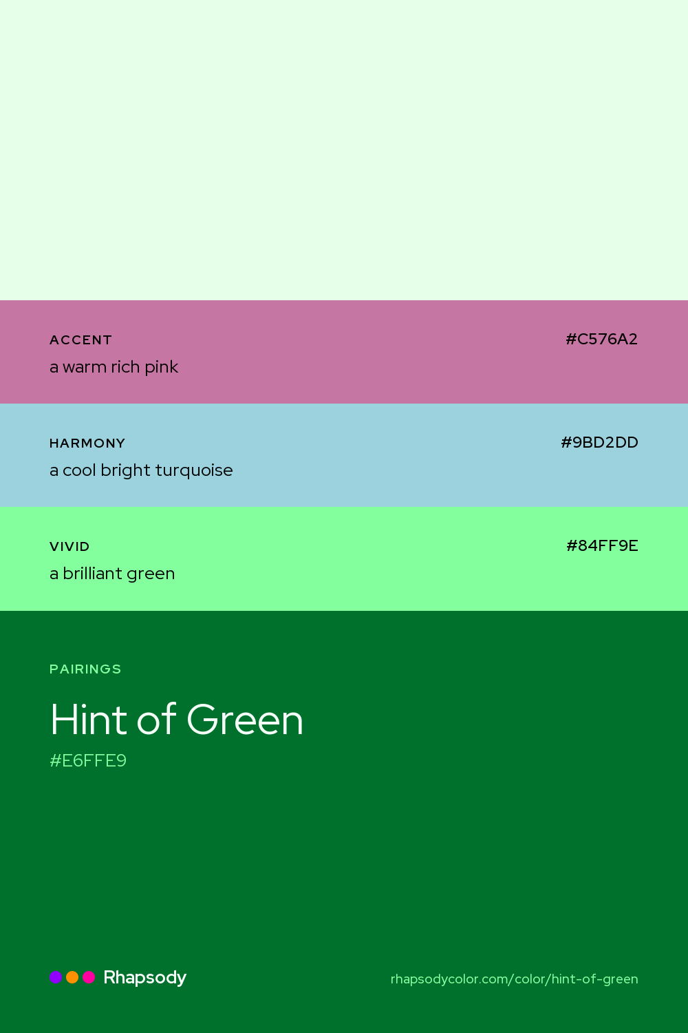 Hint Of Green paired with a warm rich pink #C576A2, a cool bright turquoise #9BD2DD, a brilliant green #84FF9E: hex values and roles, from Rhapsody