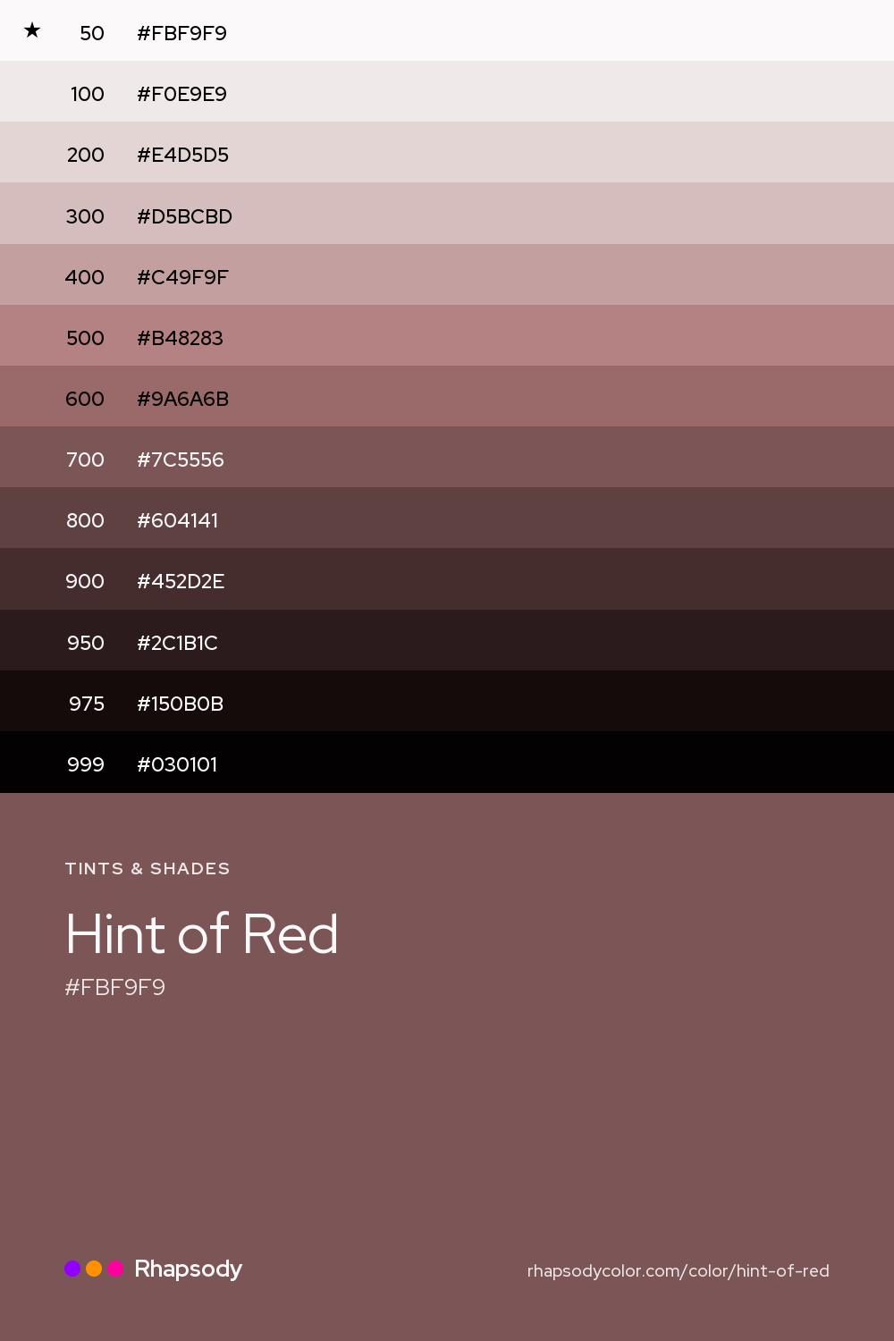 The full tonal scale of Hint Of Red, 13 steps from light to dark with every hex, from Rhapsody