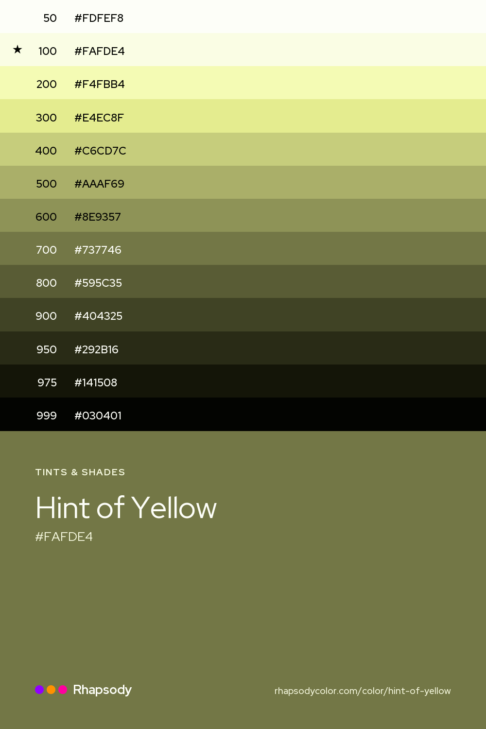 The full tonal scale of Hint Of Yellow, 13 steps from light to dark with every hex, from Rhapsody