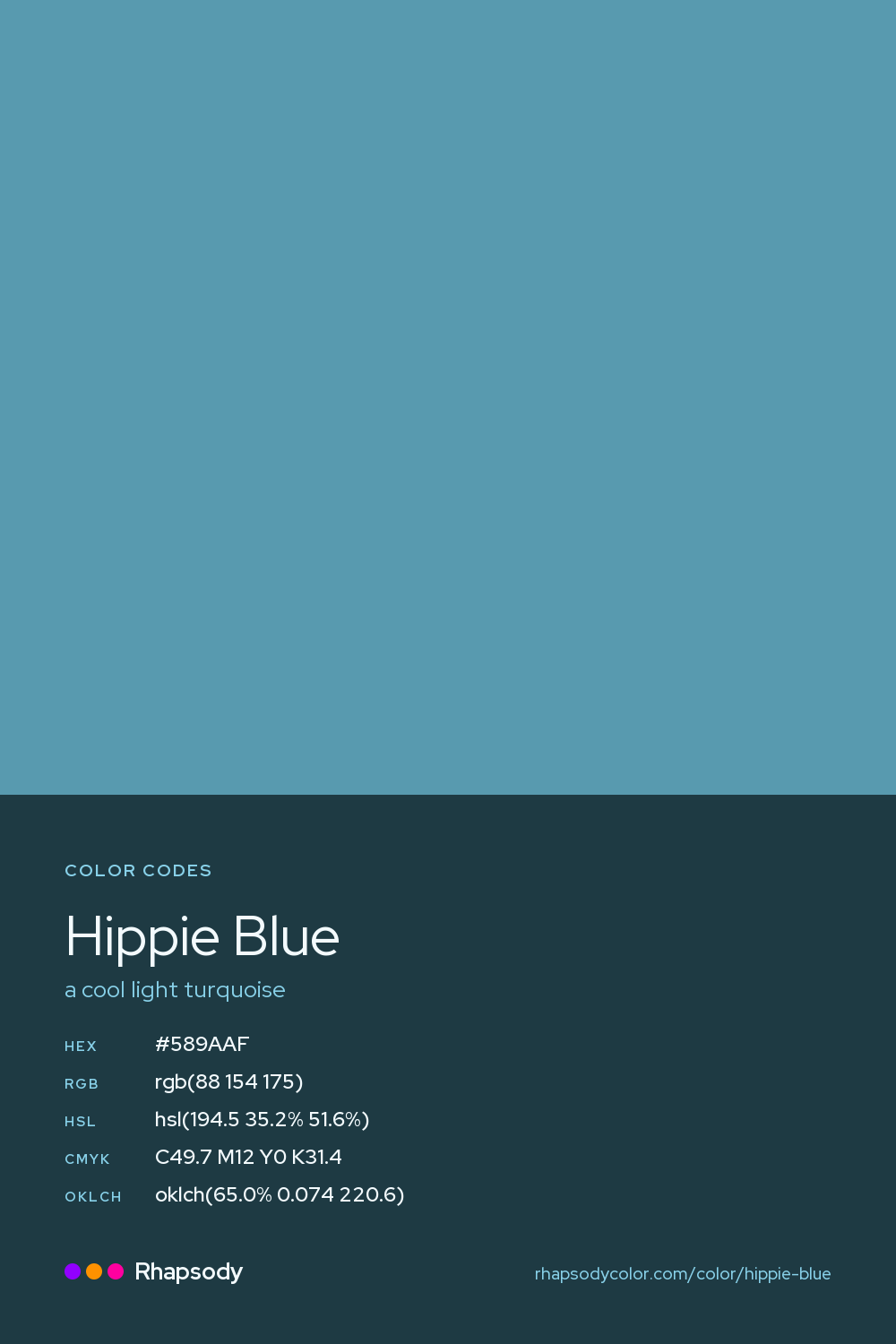 Hippie Blue color codes: hex #589AAF, RGB, HSL, CMYK, and OKLCH, from Rhapsody
