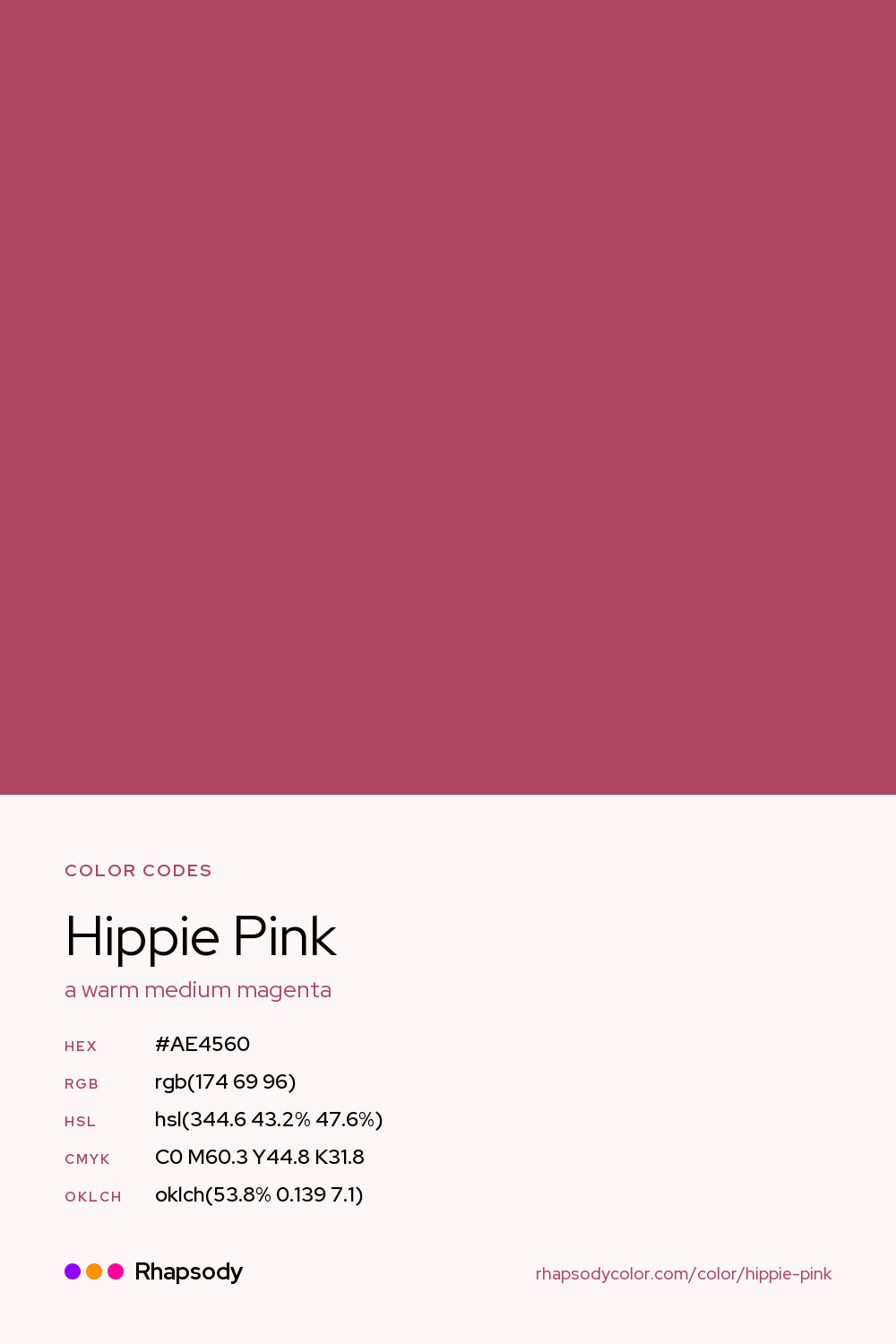 Hippie Pink color codes: hex #AE4560, RGB, HSL, CMYK, and OKLCH, from Rhapsody