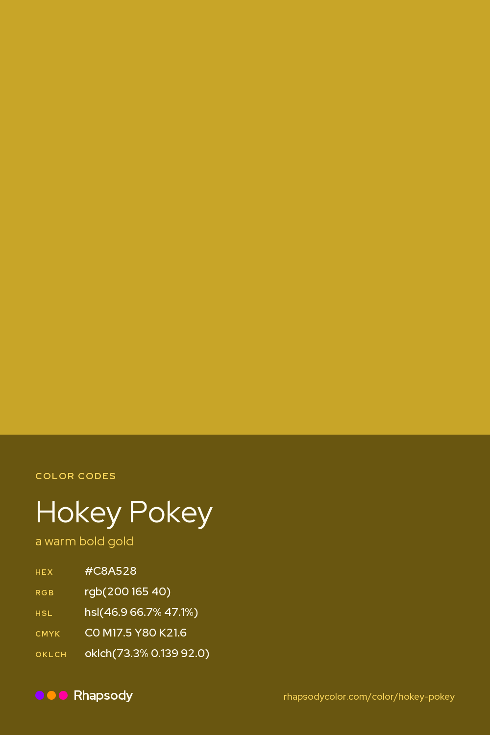 Hokey Pokey color codes: hex #C8A528, RGB, HSL, CMYK, and OKLCH, from Rhapsody