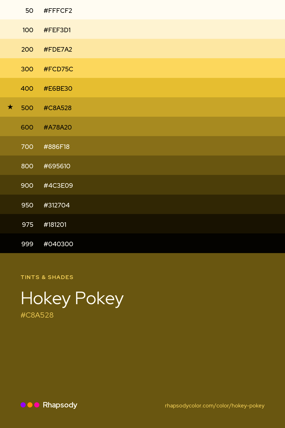 The full tonal scale of Hokey Pokey, 13 steps from light to dark with every hex, from Rhapsody