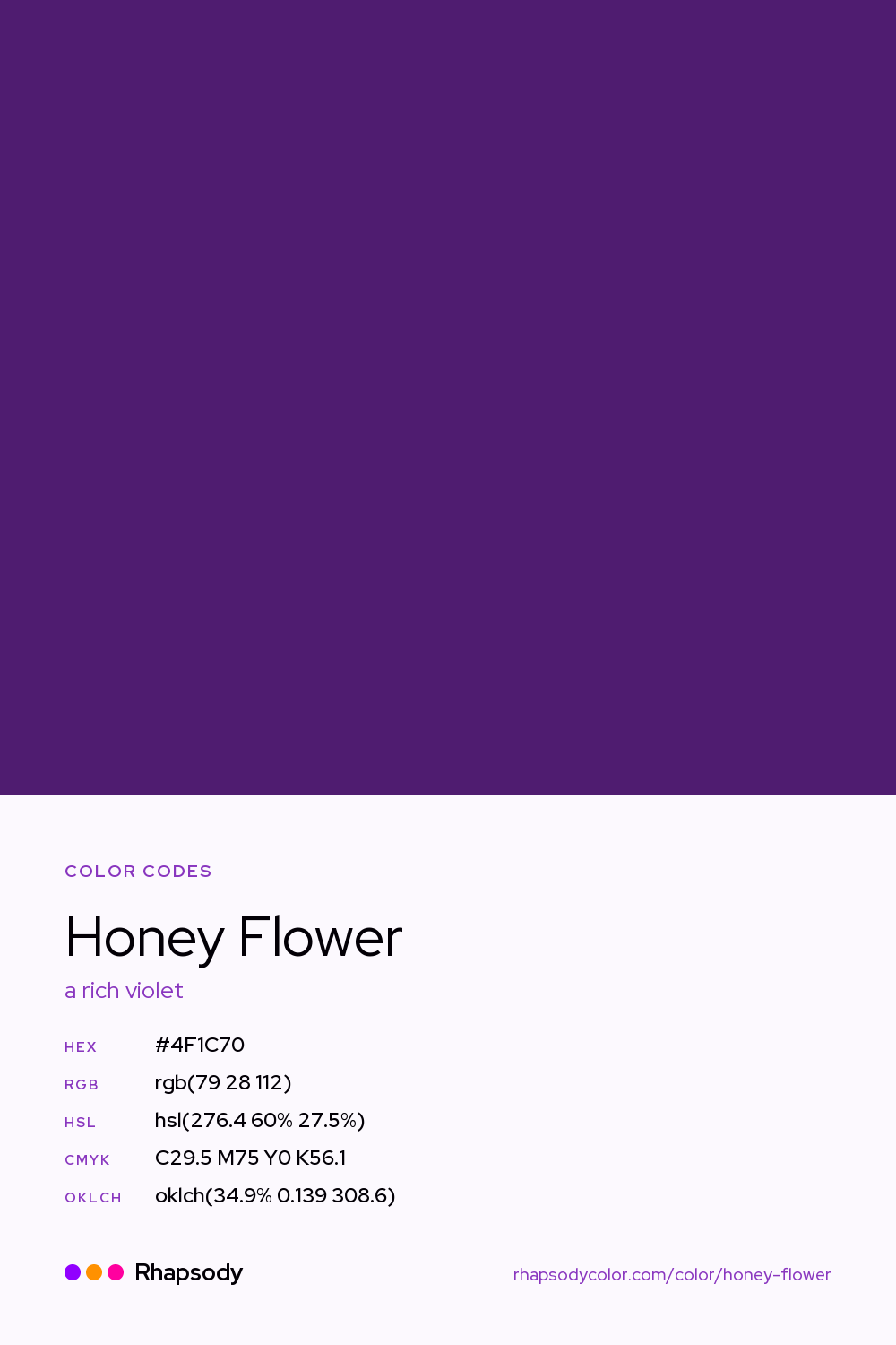 Honey Flower color codes: hex #4F1C70, RGB, HSL, CMYK, and OKLCH, from Rhapsody