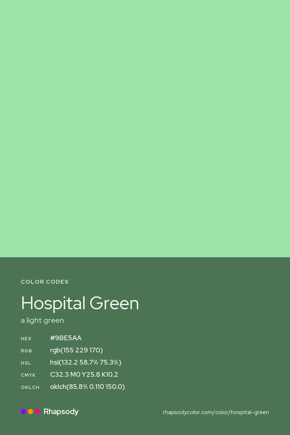 Hospital Green color codes: hex #9BE5AA, RGB, HSL, CMYK, and OKLCH, from Rhapsody