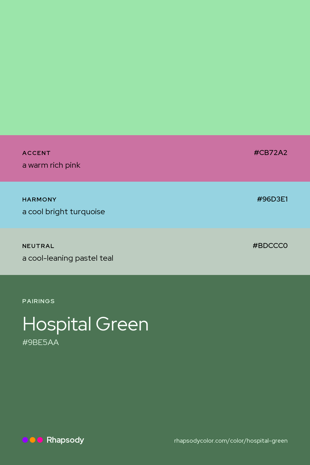 Hospital Green paired with a warm rich pink #CB72A2, a cool bright turquoise #96D3E1, a cool-leaning pastel teal #BDCCC0: hex values and roles, from Rhapsody