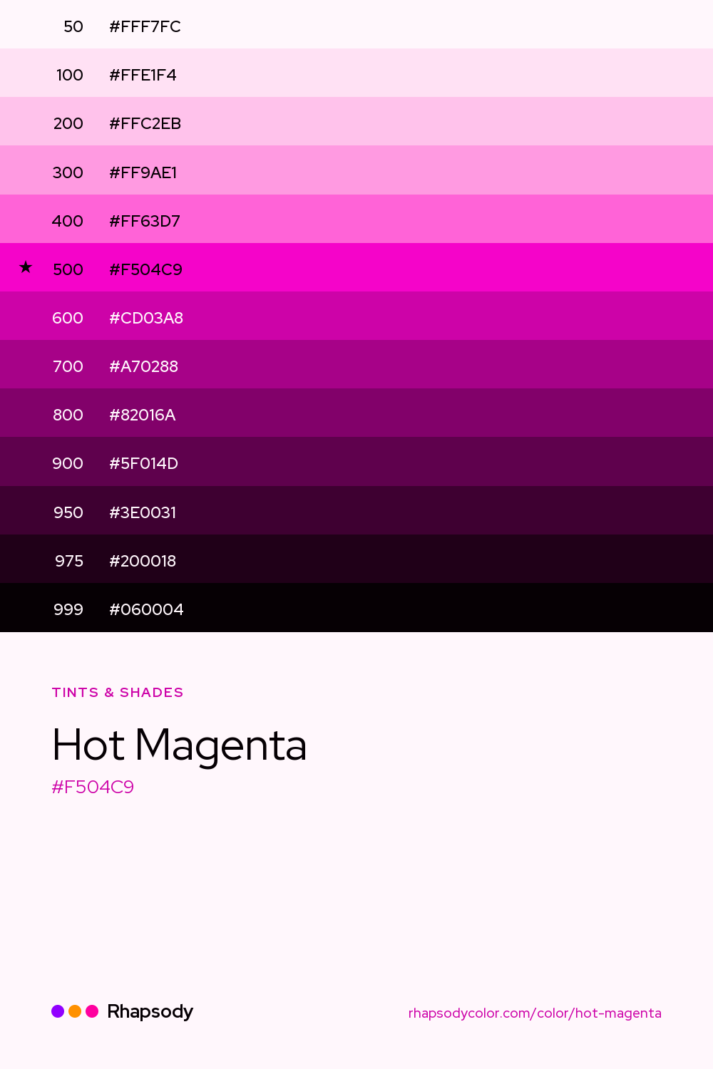 The full tonal scale of Hot Magenta, 13 steps from light to dark with every hex, from Rhapsody