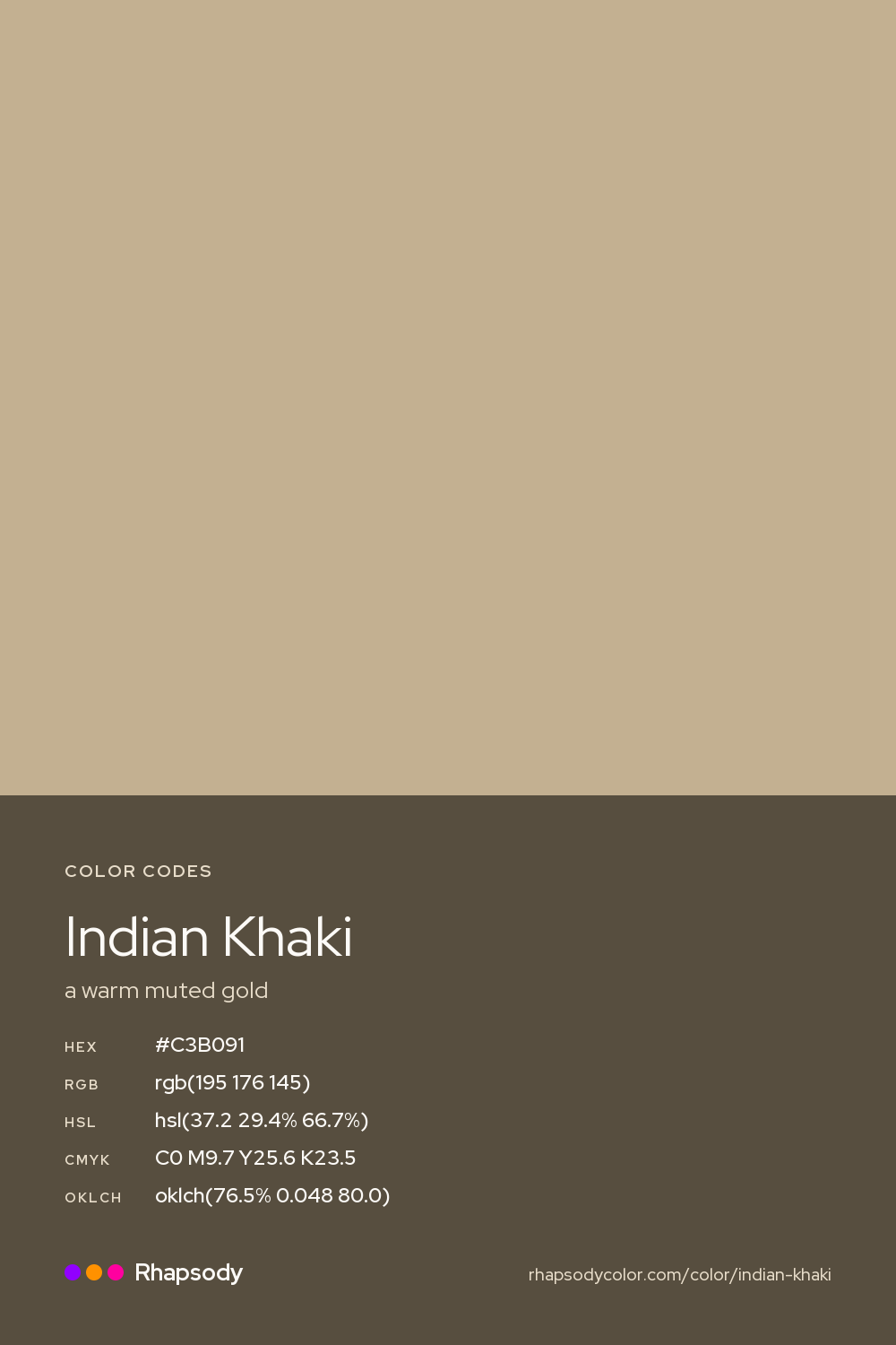 Indian Khaki color codes: hex #C3B091, RGB, HSL, CMYK, and OKLCH, from Rhapsody