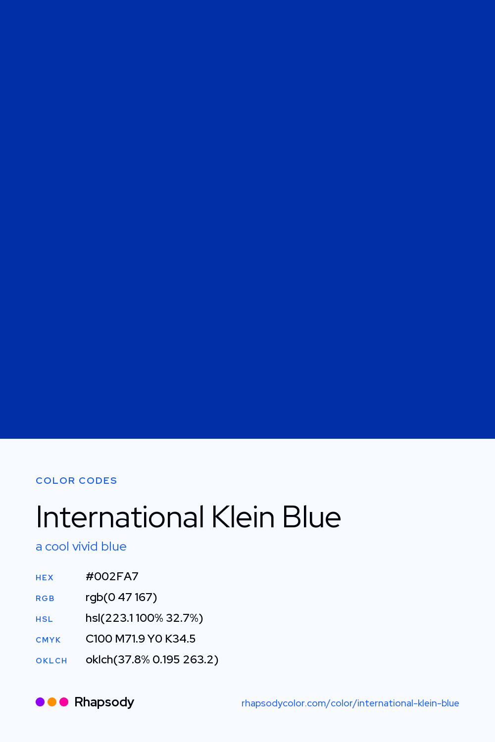International Klein Blue color codes: hex #002FA7, RGB, HSL, CMYK, and OKLCH, from Rhapsody