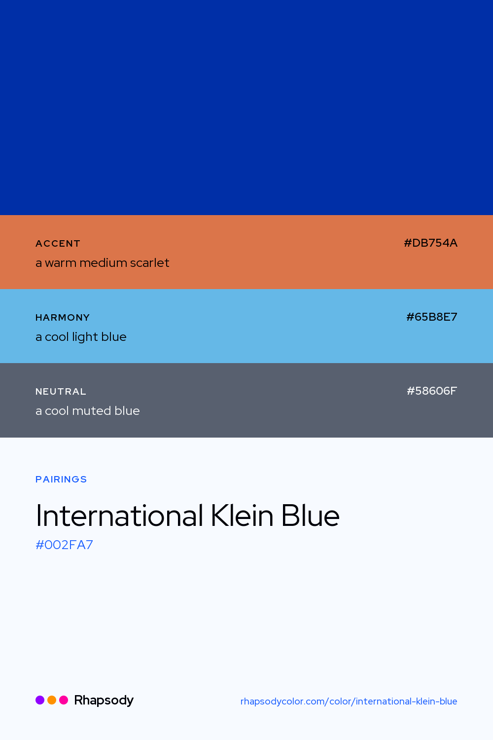 International Klein Blue paired with a warm medium scarlet #DB754A, a cool light blue #65B8E7, a cool muted blue #58606F: hex values and roles, from Rhapsody