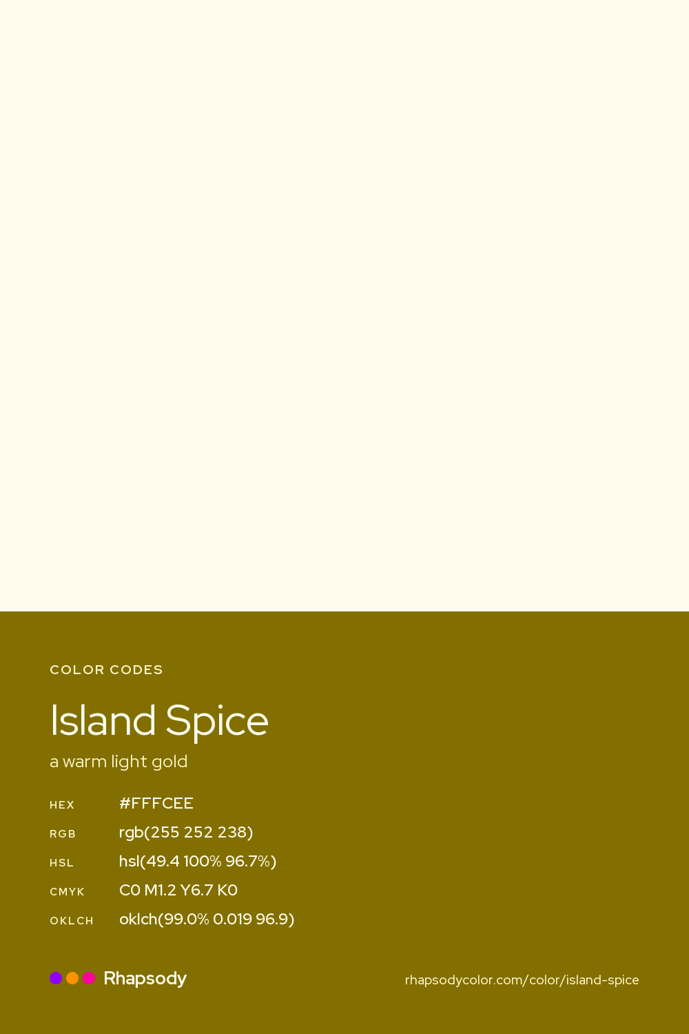 Island Spice color codes: hex #FFFCEE, RGB, HSL, CMYK, and OKLCH, from Rhapsody