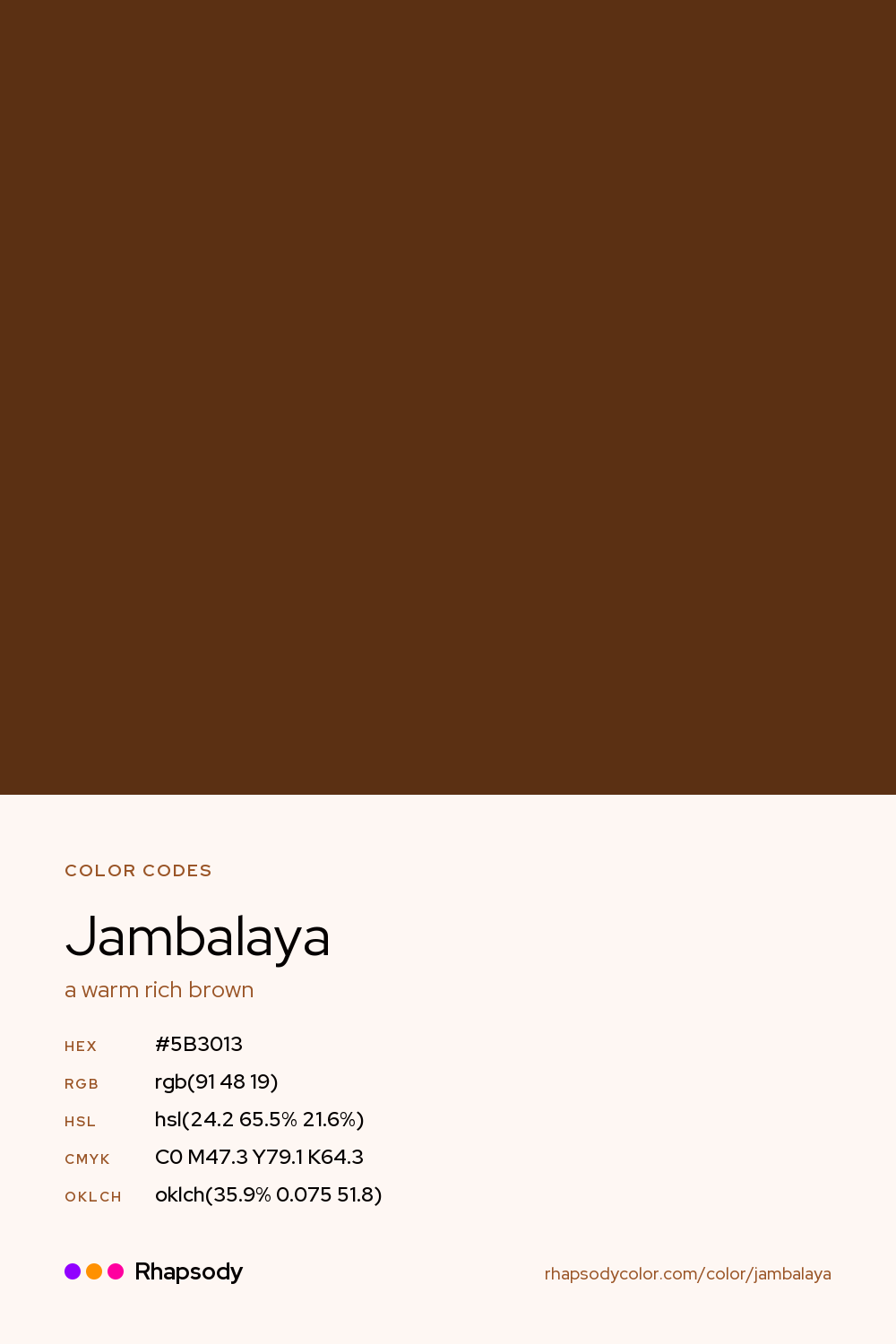 Jambalaya color codes: hex #5B3013, RGB, HSL, CMYK, and OKLCH, from Rhapsody