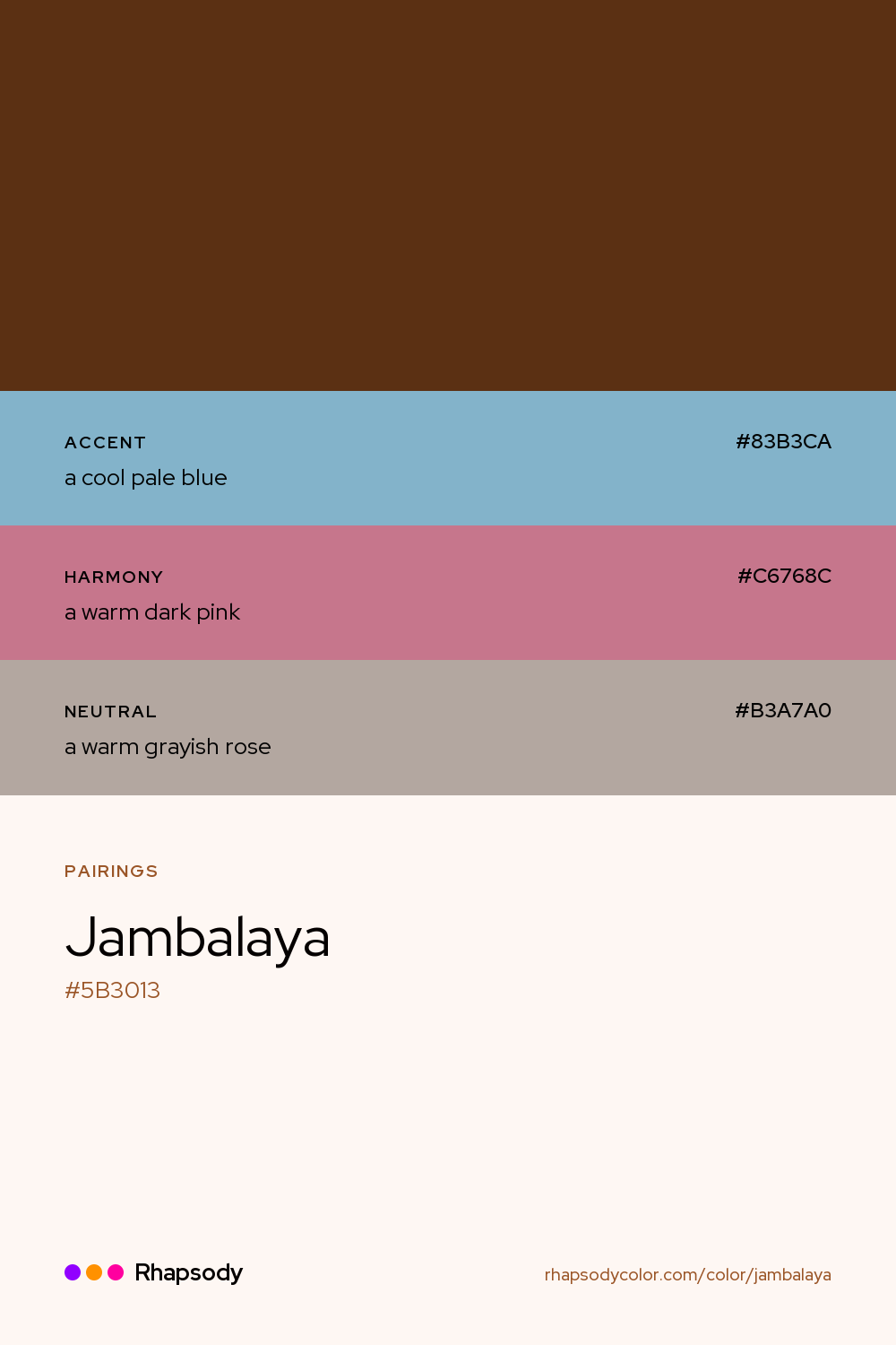 Jambalaya paired with a cool pale blue #83B3CA, a warm dark pink #C6768C, a warm grayish rose #B3A7A0: hex values and roles, from Rhapsody