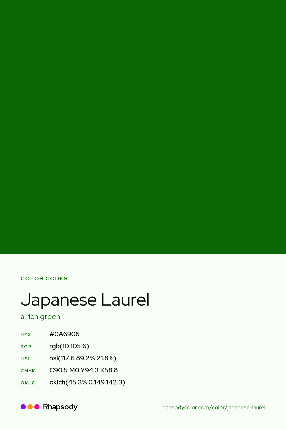 Japanese Laurel color codes: hex #0A6906, RGB, HSL, CMYK, and OKLCH, from Rhapsody