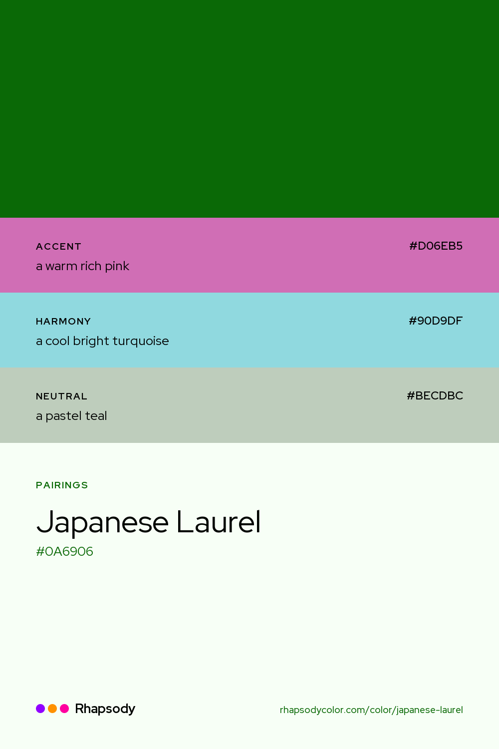 Japanese Laurel paired with a warm rich pink #D06EB5, a cool bright turquoise #90D9DF, a pastel teal #BECDBC: hex values and roles, from Rhapsody