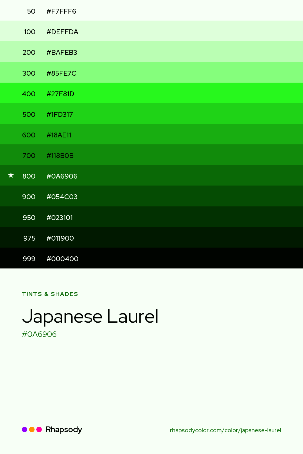 The full tonal scale of Japanese Laurel, 13 steps from light to dark with every hex, from Rhapsody
