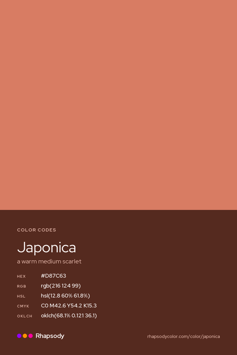 Japonica color codes: hex #D87C63, RGB, HSL, CMYK, and OKLCH, from Rhapsody