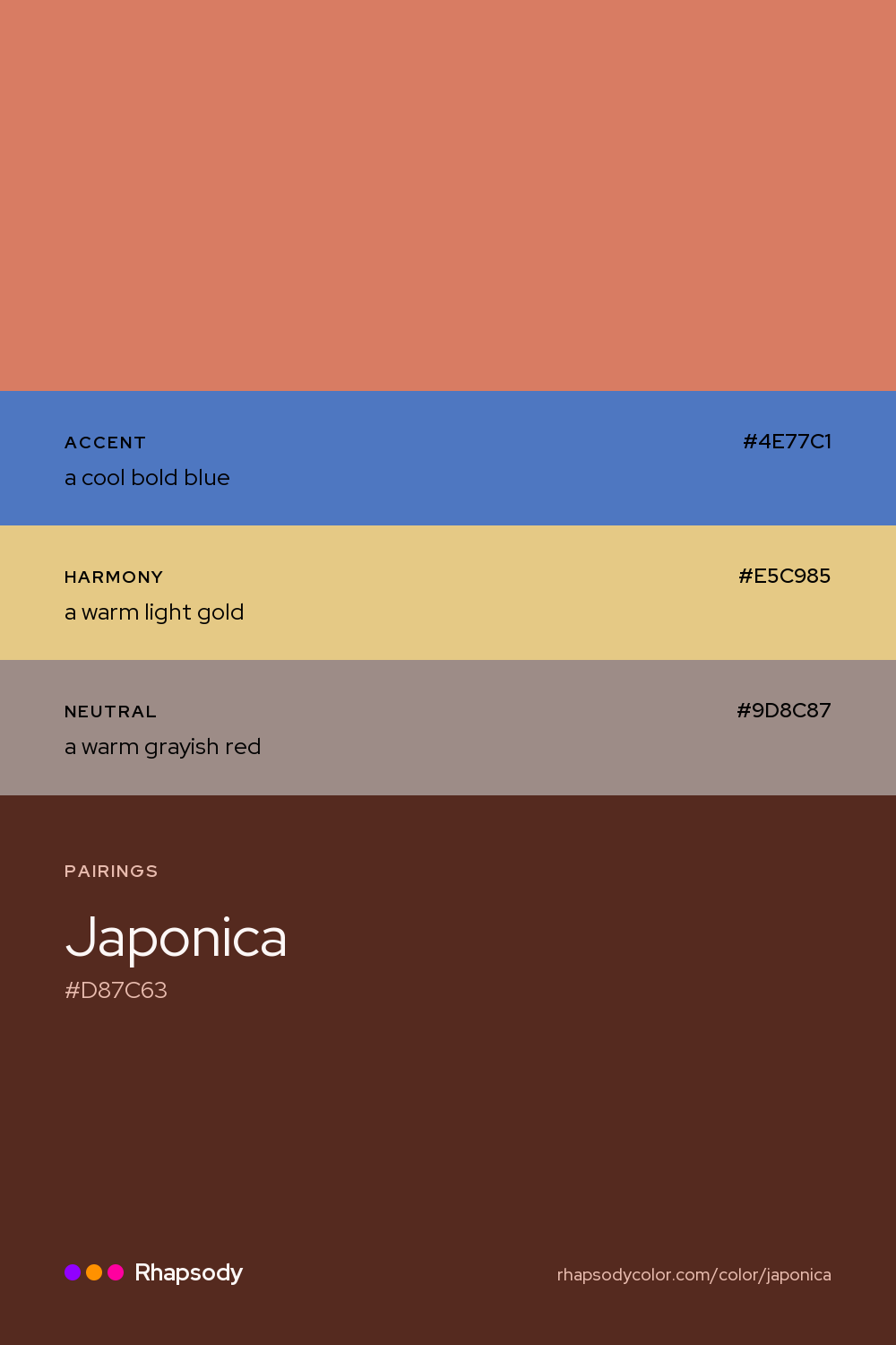 Japonica paired with a cool bold blue #4E77C1, a warm light gold #E5C985, a warm grayish red #9D8C87: hex values and roles, from Rhapsody