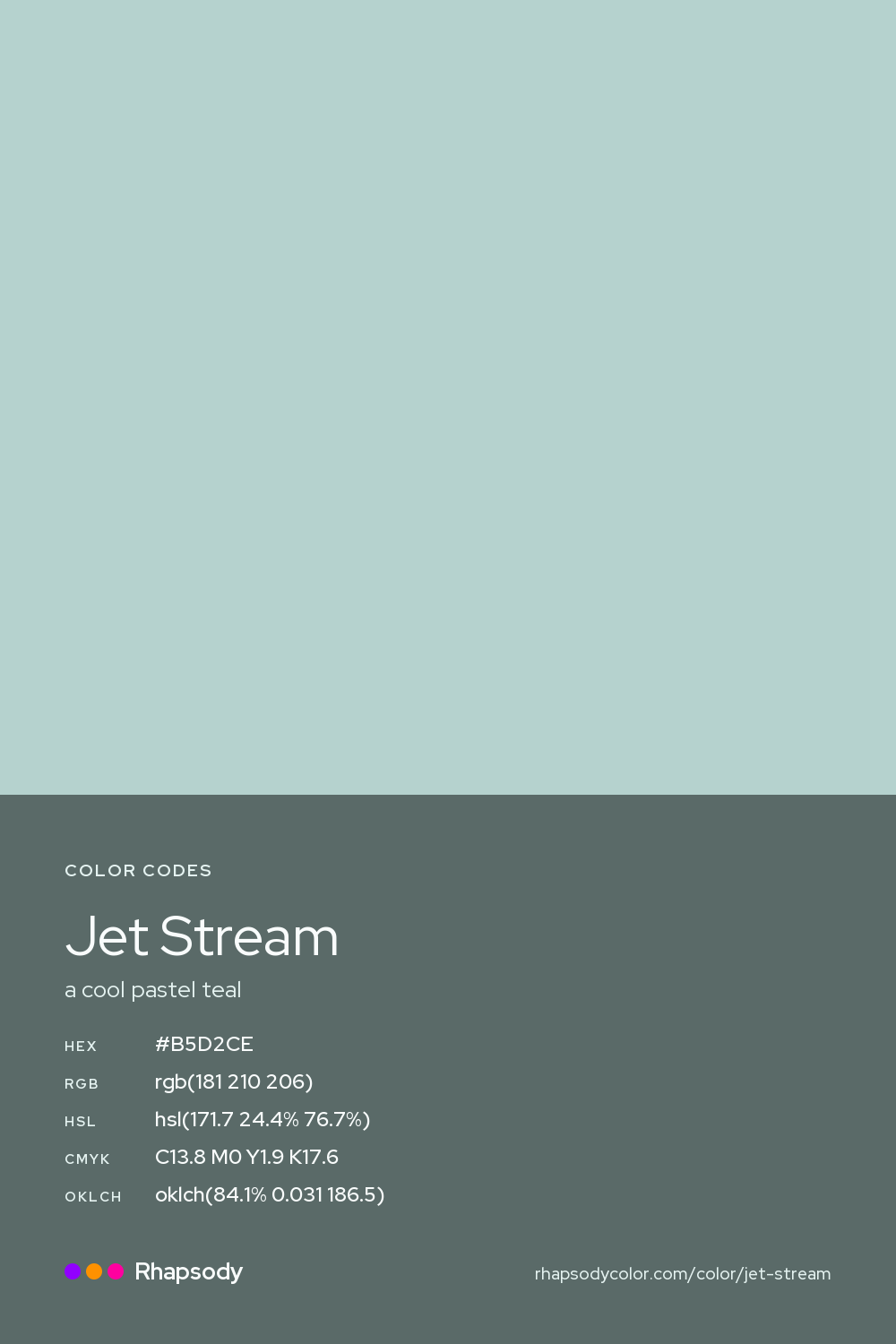 Jet Stream color codes: hex #B5D2CE, RGB, HSL, CMYK, and OKLCH, from Rhapsody