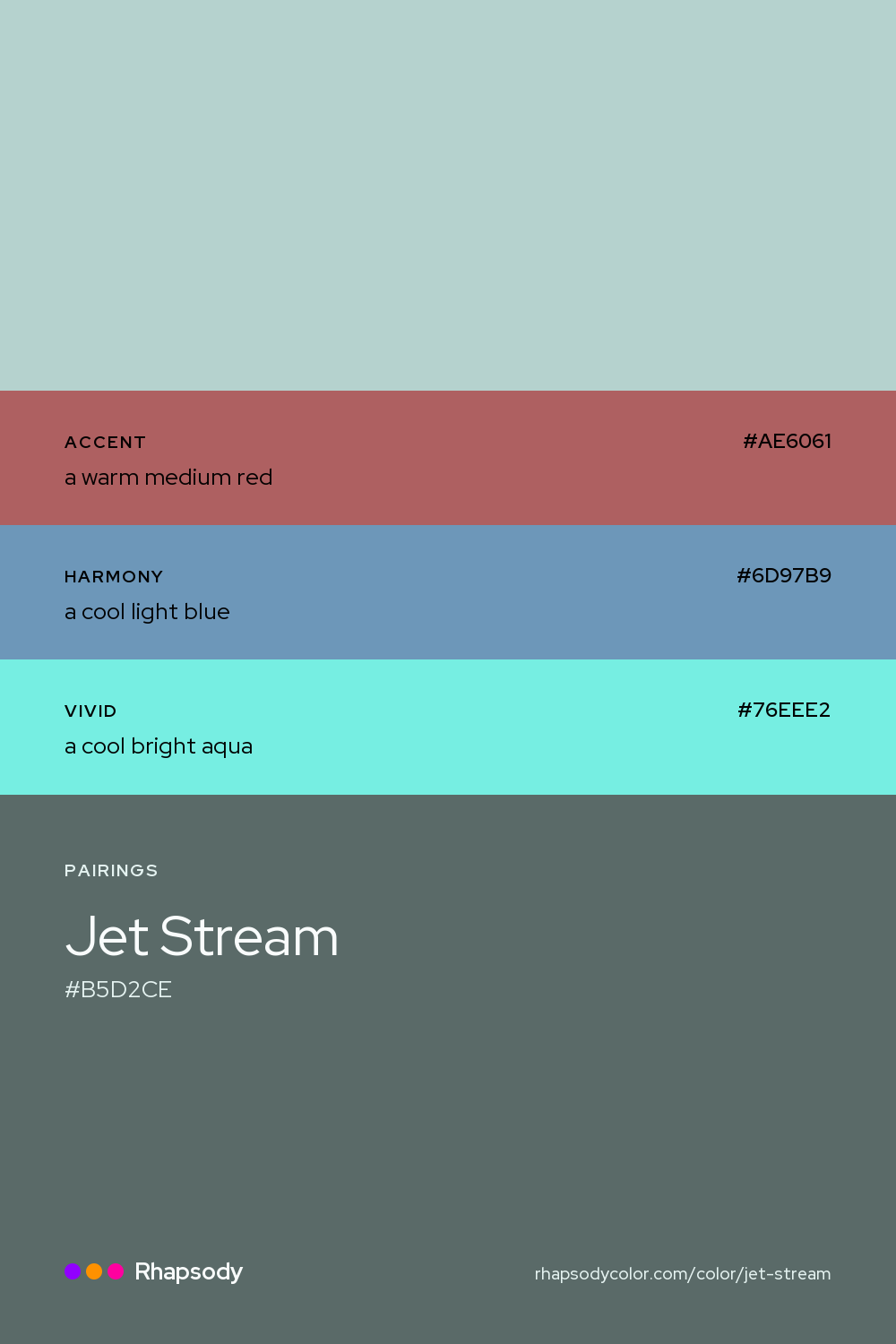 Jet Stream paired with a warm medium red #AE6061, a cool light blue #6D97B9, a cool bright aqua #76EEE2: hex values and roles, from Rhapsody