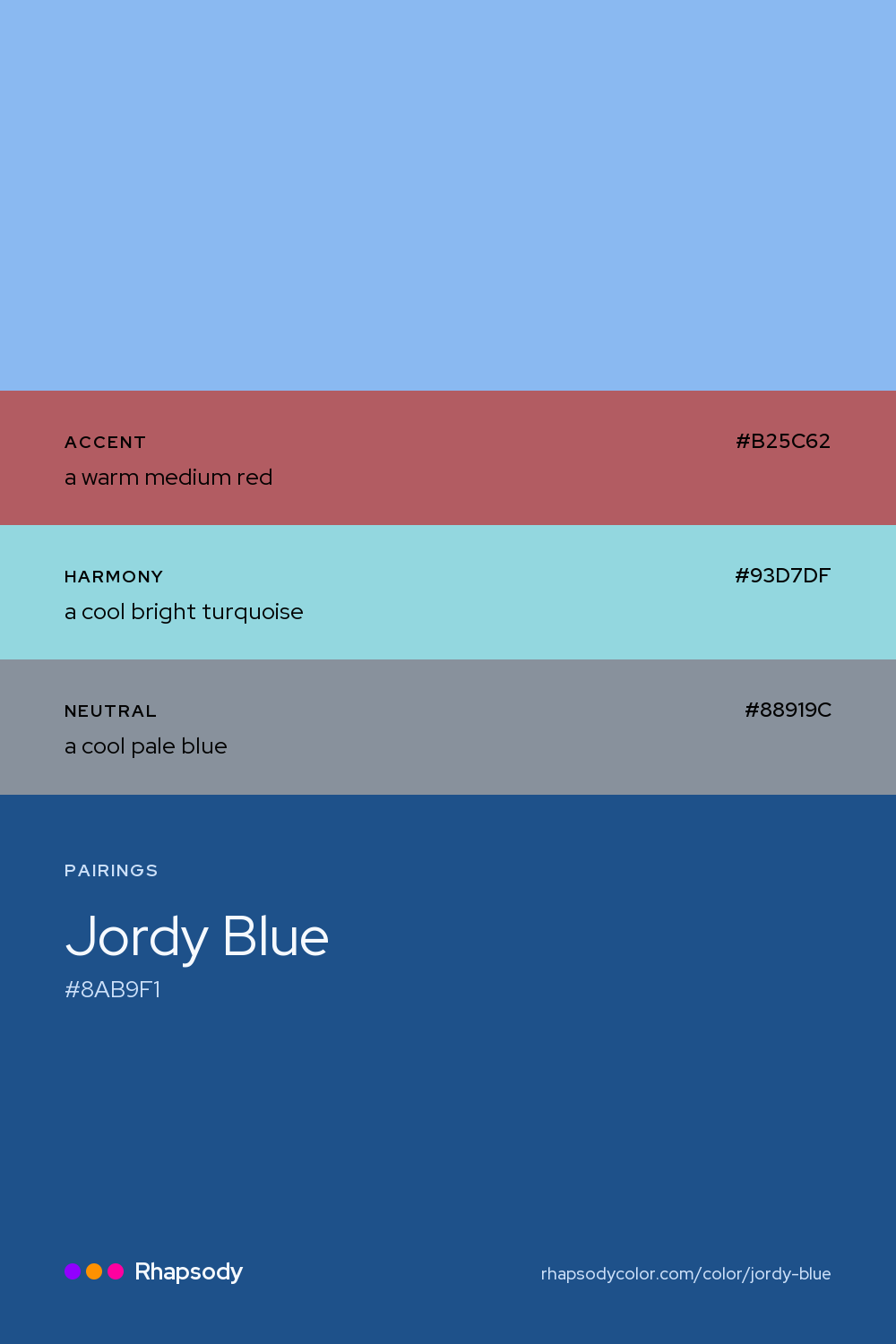 Jordy Blue paired with a warm medium red #B25C62, a cool bright turquoise #93D7DF, a cool pale blue #88919C: hex values and roles, from Rhapsody