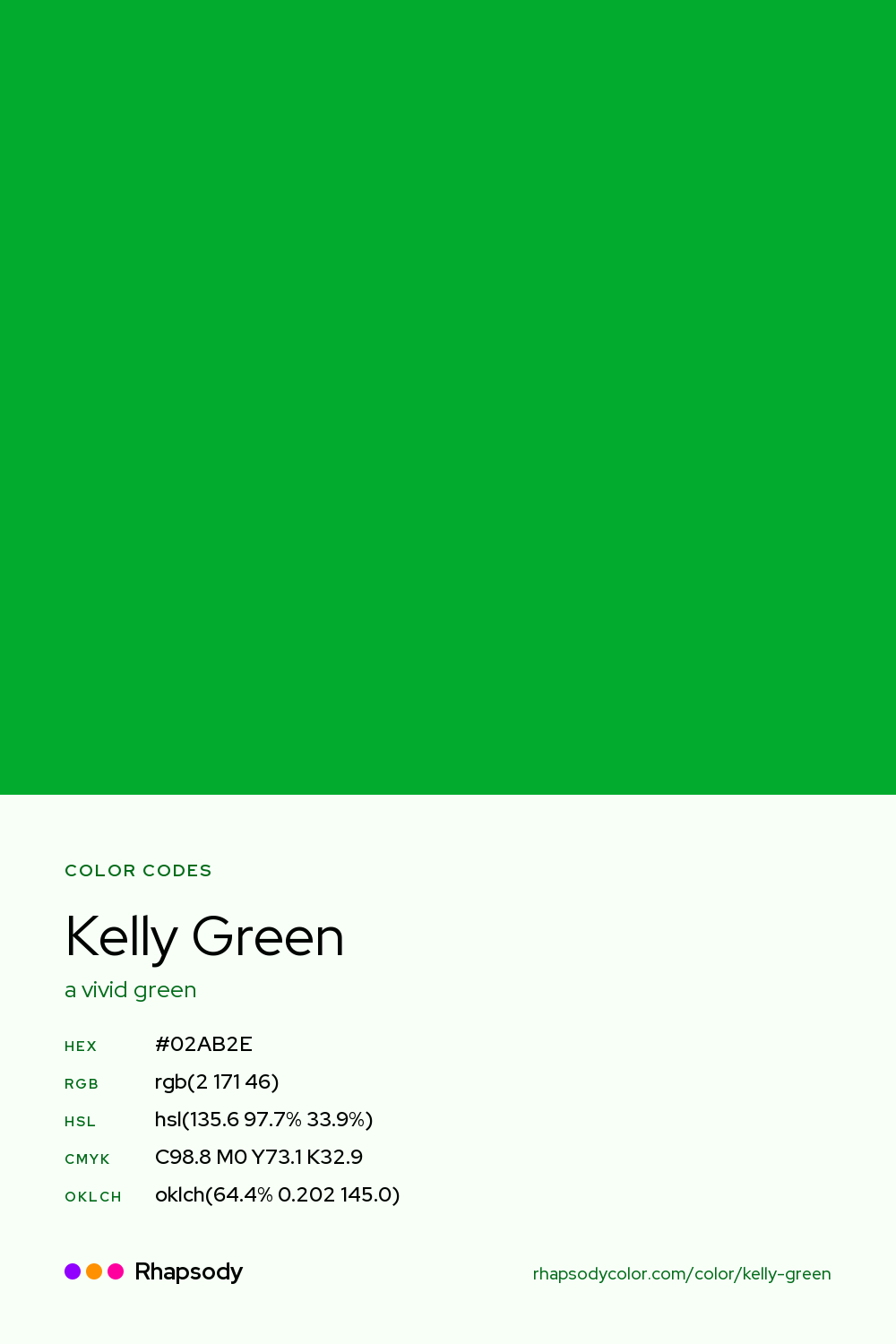 Kelly Green color codes: hex #02AB2E, RGB, HSL, CMYK, and OKLCH, from Rhapsody