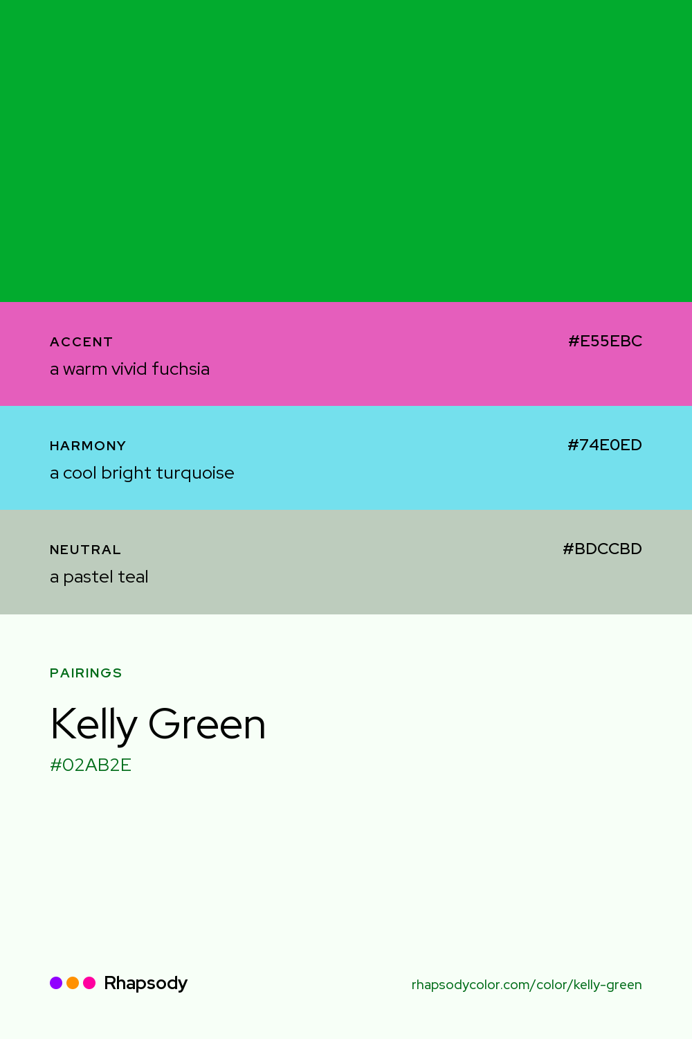Kelly Green paired with a warm vivid fuchsia #E55EBC, a cool bright turquoise #74E0ED, a pastel teal #BDCCBD: hex values and roles, from Rhapsody