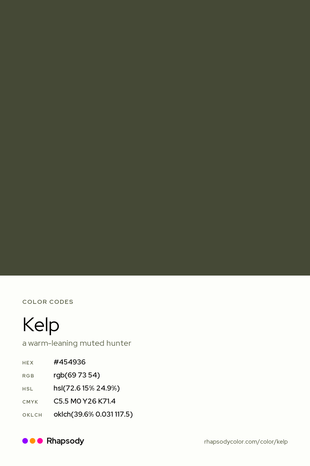 Kelp color codes: hex #454936, RGB, HSL, CMYK, and OKLCH, from Rhapsody