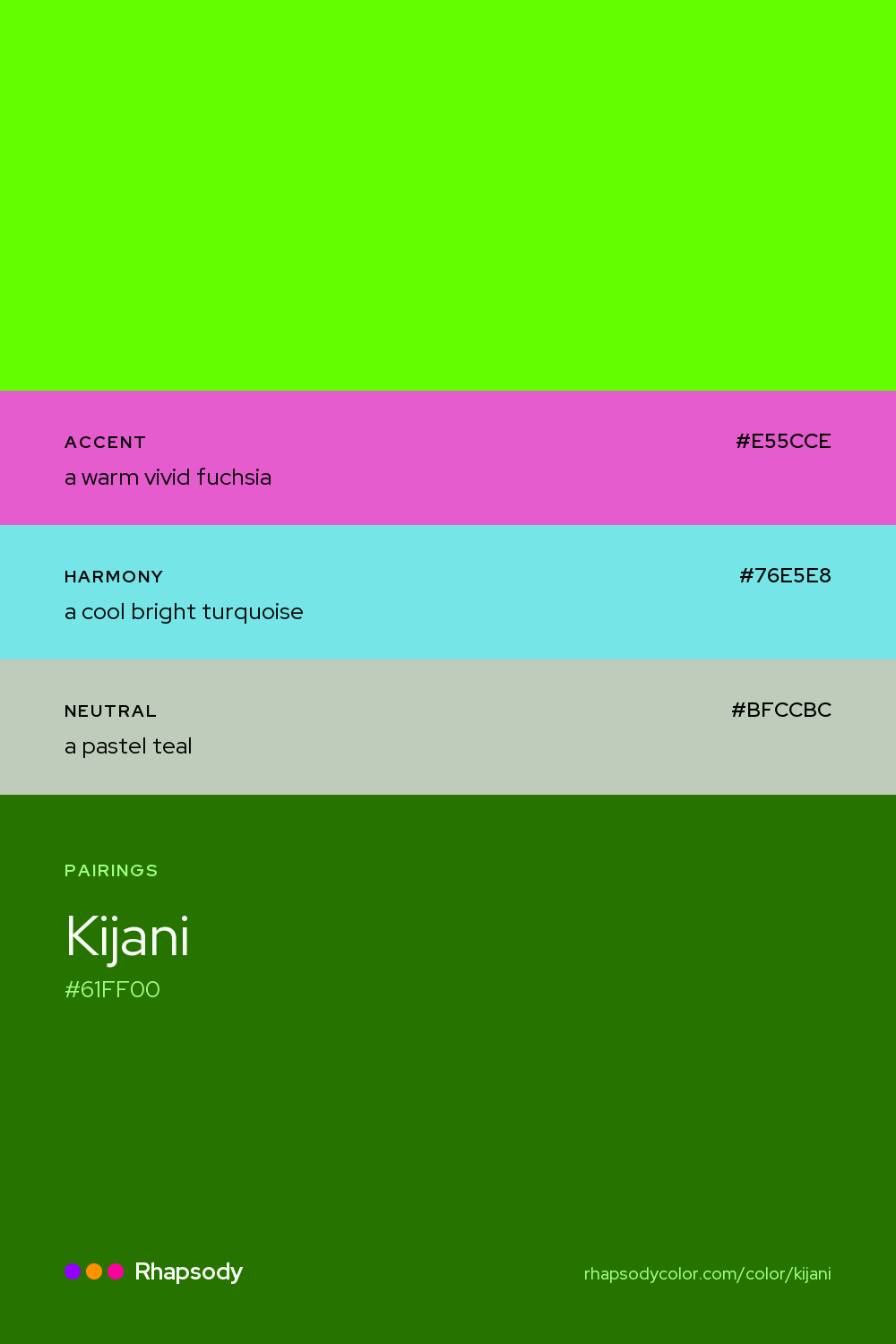 Kijani paired with a warm vivid fuchsia #E55CCE, a cool bright turquoise #76E5E8, a pastel teal #BFCCBC: hex values and roles, from Rhapsody
