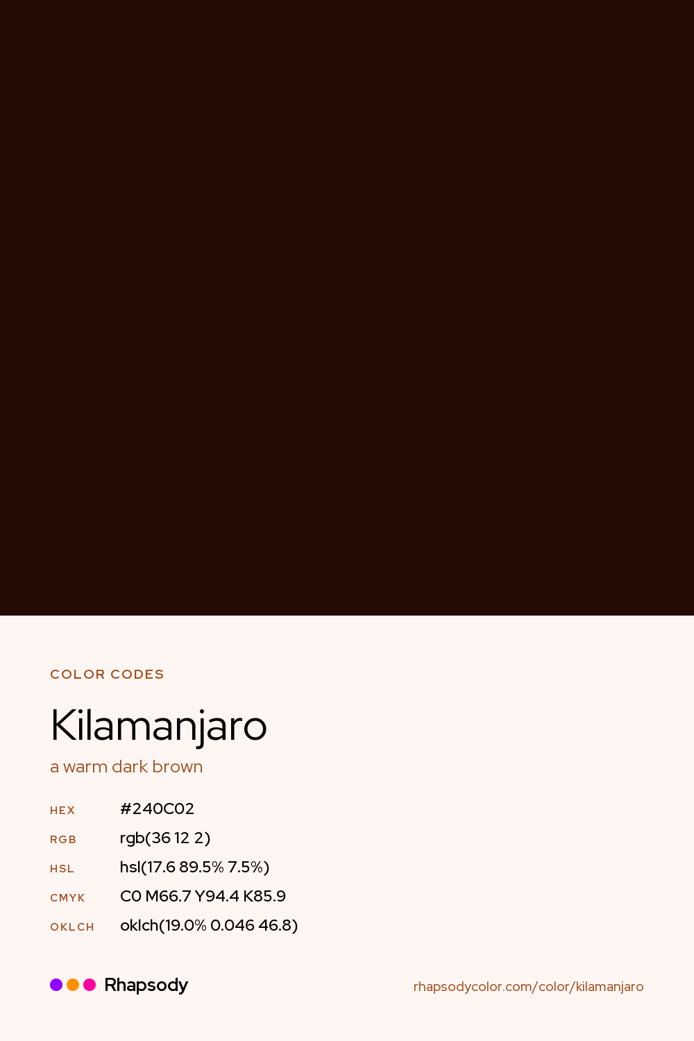 Kilamanjaro color codes: hex #240C02, RGB, HSL, CMYK, and OKLCH, from Rhapsody