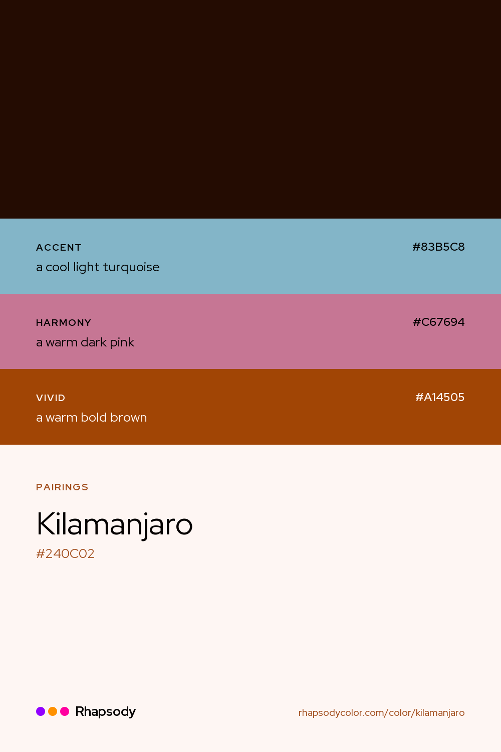 Kilamanjaro paired with a cool light turquoise #83B5C8, a warm dark pink #C67694, a warm bold brown #A14505: hex values and roles, from Rhapsody