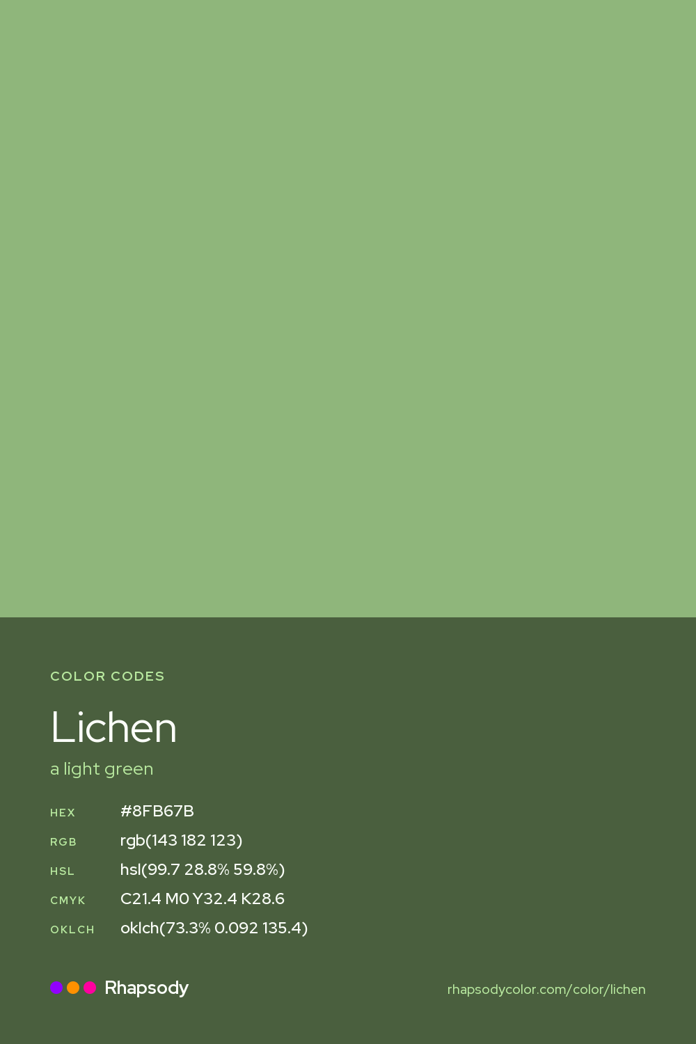 Lichen color codes: hex #8FB67B, RGB, HSL, CMYK, and OKLCH, from Rhapsody